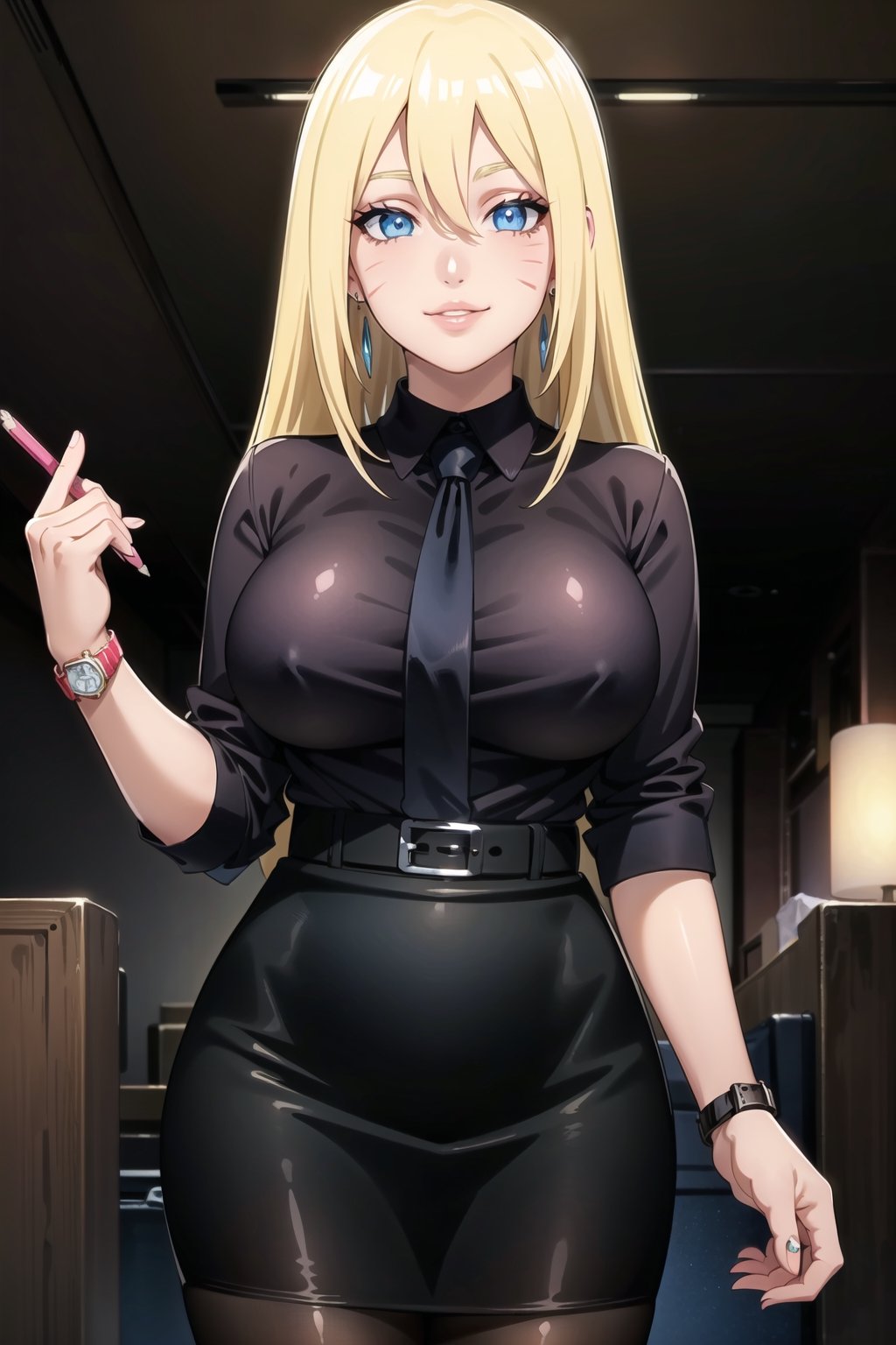 ((best quality)), ((highly detailed)), masterpiece, ((official art)),(boruko,facial mark:1.2),(office),( blue eyes, glowing blue eyes),(floating hair),(high-waist skirt:1.2),(black skirt:1.2),(black necktie:1.1),(seductive smile),(closed mouth),(lips:1.2),jewelry, wristwatch, skirt, solo, (cowboy shot:1.2),standing, pencil skirt,  belt, (earrings:1.1), collared shirt, ,office lady,(formal:1.1), shirt tucked in, (skirt suit),black pantyhose, dress shirt, intricately detailed, hyperdetailed, blurry background,depth of field, best quality, masterpiece, intricate details, tonemapping, sharp focus, hyper detailed, trending on Artstation,1 girl, high res, official art