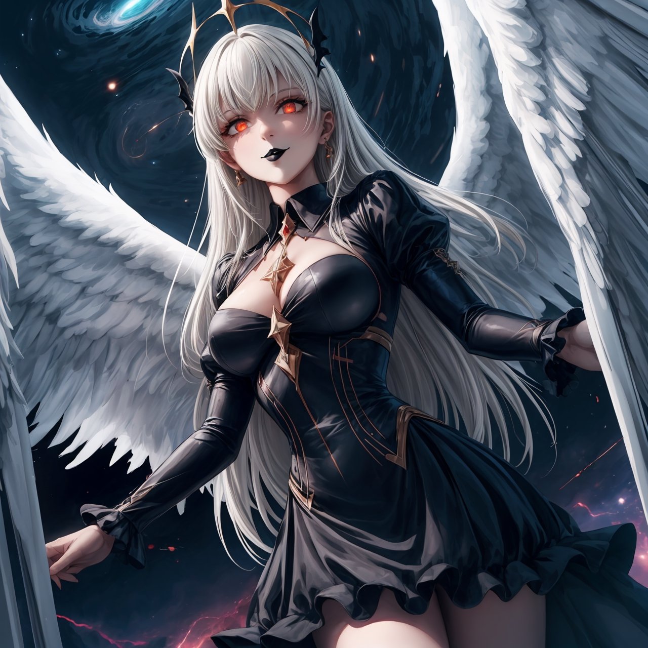 masterpiece, best quality, absurdres, 4k, 8k, uhd create fallen archangel,detailed angel wins, bloodlust, (dutch angle), hell. fire, (black wings),black dress, elizabeth, red glowy eyes, eerie, creepy, nightmarish, very bright colors, light particles, wallpaper art, ((cosmic energy)),high detailed ,evil smile, white hair, ((black lips))