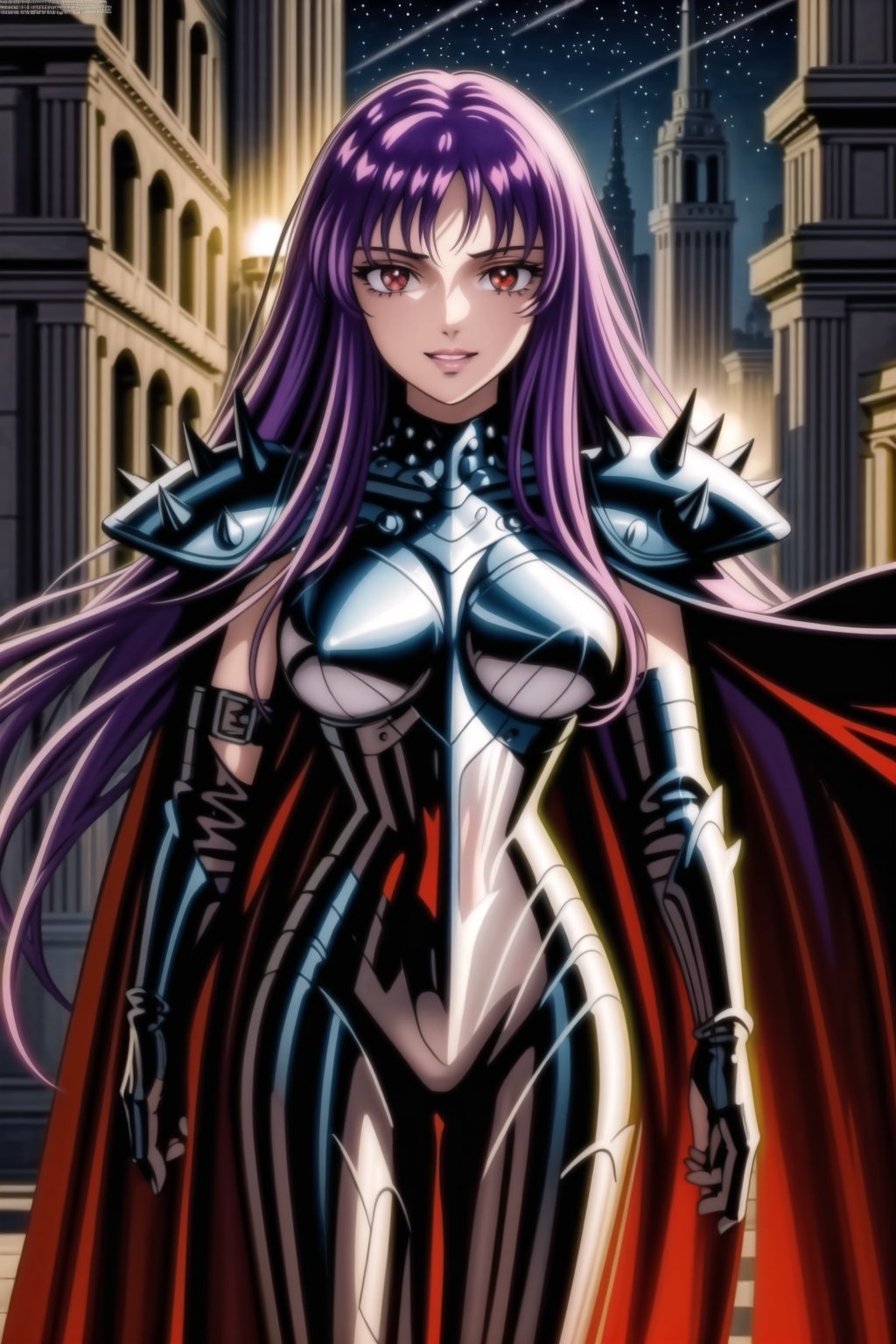 (best quality), (highly detailed), masterpiece, (official art), Saori, long hair, ((purple hair)), ((red eyes)), lips, (( evil smile)),((( black cape, nigth))),  ((latex, black armor, bodysuit, shoulder armor, spikes, pauldrons, black bodysuit )), outdoors, temple, (intricately detailed, hyperdetailed), blurry background,depth of field, best quality, masterpiece, intricate details, tonemapping, sharp focus, hyper detailed, trending on Artstation,1 girl, solo,high res,official art,hades_armor,<lora:659111690174031528:1.0>