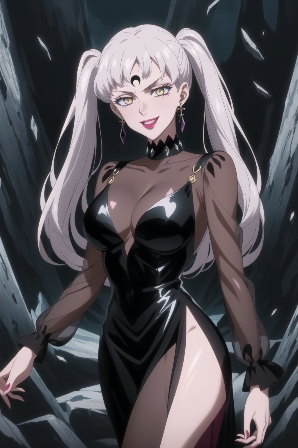 (best quality), (highly detailed), masterpiece, (official art), (noelle_silva,silver hair,twintails,bangs,jewelry), makeup, ((forehead mark, crescent facial mark, black crystal earrings)), aged up, evil smile, lips, lipstick, posing, anime coloring, ((black dress, long sleeves, see-through)), pink dress, side slit, A dark and mysterious female character inspired by the style of classic anime. She has an evil face with an evil smile, giving her an imposing and intimidating presence. The overall atmosphere is dark and mysterious, with a sense of power and control emanating from her posture.,