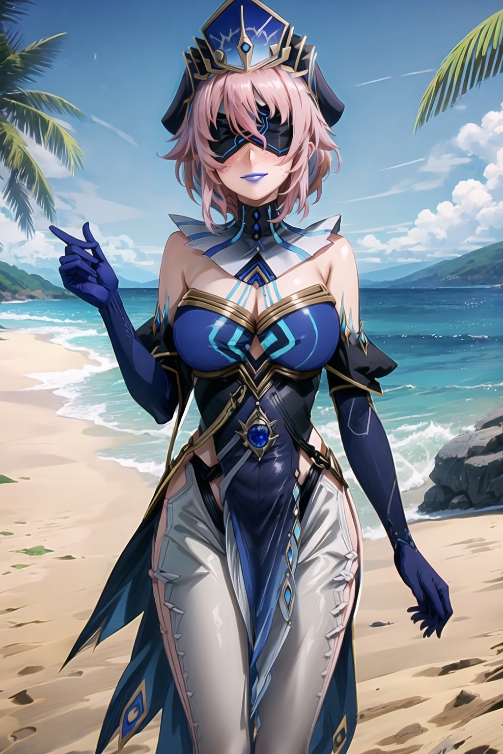 ((best quality)),  ((highly detailed)), (lisbeth, pink hair, hairclip, freckles) , masterpiece, 1girl,  evil smile:1.2, smug, seductive smile, solo, ,lips, makeup, ,standing,  ((blindfold, mask, eye mask)),MirrorMaiden, dress, cleavage, makeup, lipstick, ((blue lips:1.2)), blue headwear, hat, fur trim, blue gloves, gloves, elbow gloves, white pants,boots,  blush, beach, sand, water, posing, outdoors