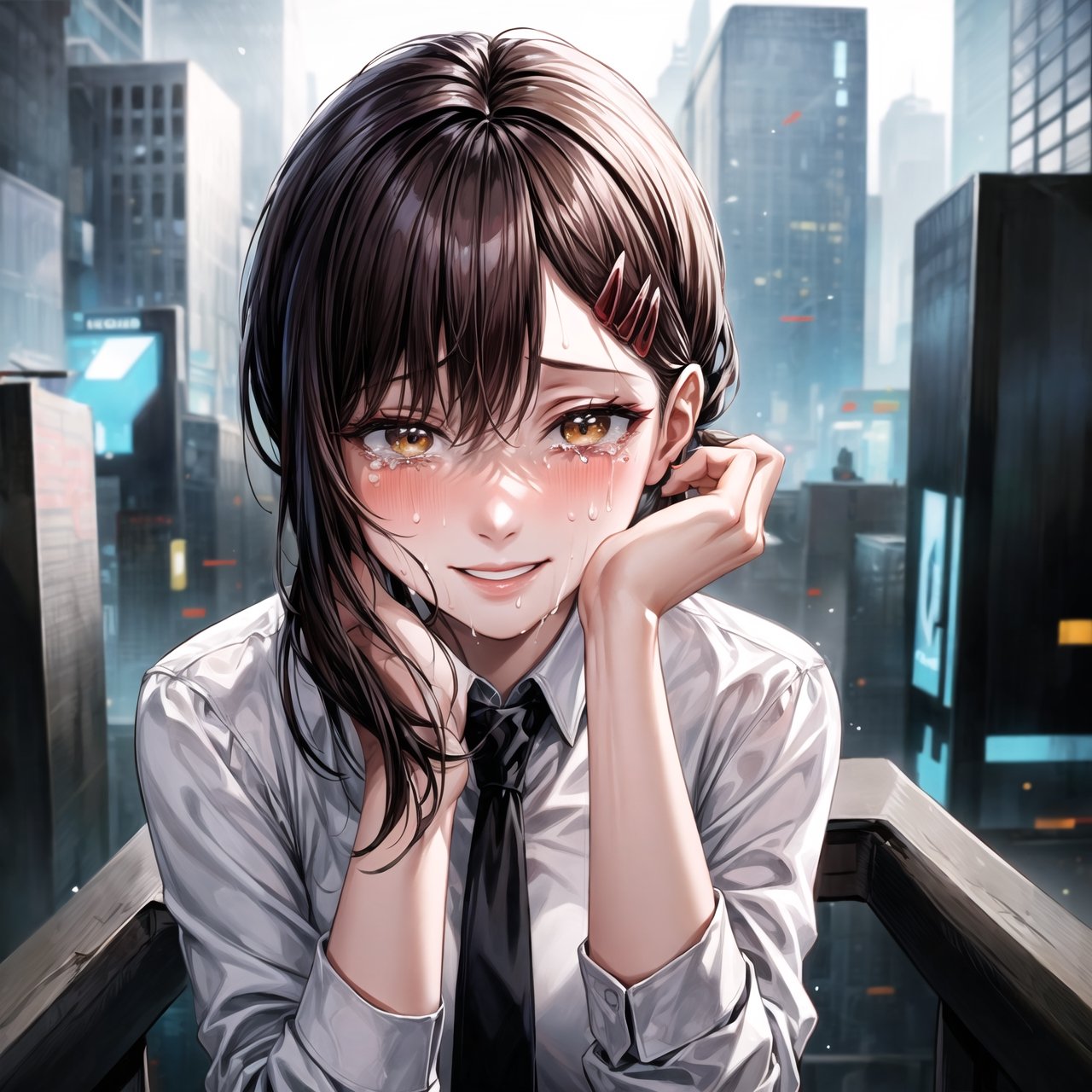 ((best quality)),  ((highly detailed)),  masterpiece,  ((official art)), 
1girl, solo, cute, brown eyes, black hair, swept bangs, single sidelock, red hairclip, lips, pose:1.2, smile,sweating, crying, blushing, ,white collared shirt, black necktie, black pants, formal,,  (cyberpunk:1.2),  girl,  outdoors, dramatic reveal,  suspenseful,  urban environment,  mysterious ambiance,  dramatic lighting,  cinematic scene,  self-transformation,  supernatural,  otherworldly,  metamorphosis,  mystical,  mystical energy,  power awakening.,  intricately detailed,  hyperdetailed,  blurry background, depth of field,  best quality,  masterpiece,  intricate details,  tonemapping,  sharp focus,  hyper detailed,  trending on Artstation, 1 girl,  high res,  official art,kobeni higashiyama,Kobeni 