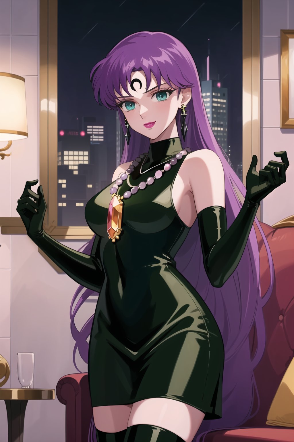 (best quality), (highly detailed), masterpiece, (official art),Saori Kido, long purple hair. blue eyes, bangs, lips, smile, lipstick, makeup,
((Forehead mark, crescent facial mark, black crystal earrings, jewelry)).  Dark  dress, black latex, black sleeveless dress, turtleneck_dress, short dress, elbow gloves, green gloves, thighhighs, large necklace, ((gemstone necklace:1.2)), standing,
Modern luxury lounge with dim lighting, featuring sleek black leather sofas, glass tables, and soft ambient lighting from wall sconces. A large window in the background reveals a city skyline at night, adding a touch of sophistication to the scene