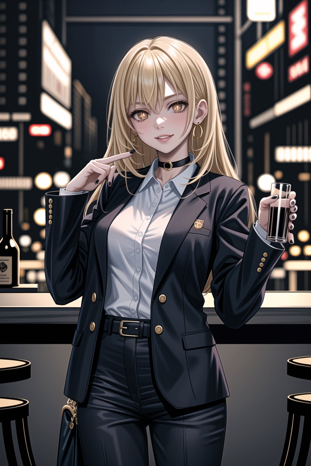 ((best quality)),  ((highly detailed)),  masterpiece,1girl, 1girl, (lips:1.2), seductive smile, smirk, naughty_face,nail polish, solo,   black pants,  formal,  black jacket,  open jacket,  (white shirt),  belt, ,  black jacket, (black suit),  long sleeves,  shirt tucked in,, (black choker), blush, earrings, black nails, looking at viewer, standing, cowboy shot, fingernails,  bar,outdoor,lamp,nigth,space, alcohol, sexy pose:1.2, purple nails, wristband ,hmmisaki, 1girl, long hair, symbol-shaped pupils, +_+, blonde hair,<lora:659111690174031528:1.0>