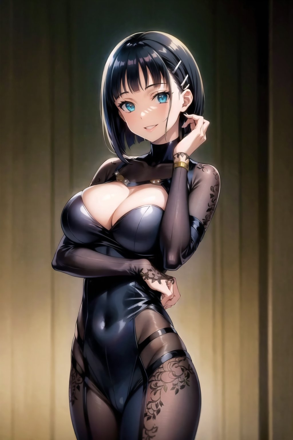 (best quality), (highly detailed), masterpiece, (official art), suguha, short hair, black hair, bob cut, hairclip, hair ornament, blunt bangs, lips, smile, pose, ((bodysuit)),  cowboy shot, angle, (intricately detailed, hyperdetailed), blurry background,depth of field, best quality, masterpiece, intricate details, tonemapping, sharp focus, hyper detailed, trending on Artstation,1 girl, solo,high res,official art