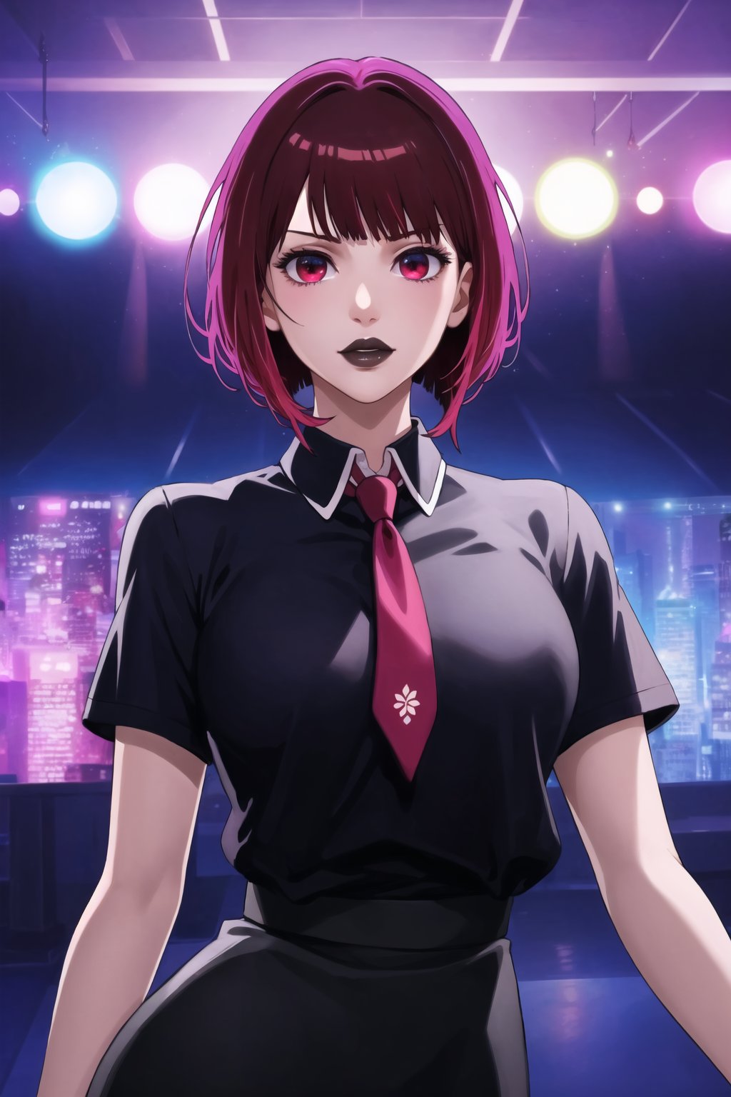 (best quality), (highly detailed), masterpiece, (official art), aakana, short hair,  red eyes, , solo,  lips:1.2, black lips:1.4, lipstick:1.2, skirt, black neckktie, latex:1.2, pencil_skirt, shirt, standing, looking at viewer, white shirt, breasts, black skirt, looking at viewer, (/nightclub scene, neon lights), , club, (nigth club), ,hd quality, perfect face ,realistic, realistic body , perfect face sync,night club,StandingAtAttention,marinette,night club,b1mb0, 