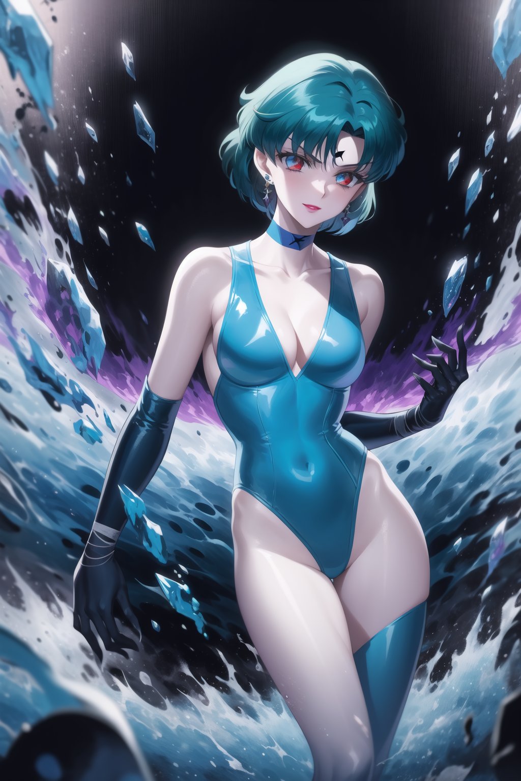 evil smile, red eyes, jewelry,  earrings, makeup, facial mark, lipstick,  forehead mark, crescent facial mark, crystal earrings,crescent, mer1, short hair, blue hair,  cleavage, jewelry, collarbone,  earrings, choker, leotard, bandages, blue leotard, blue choker, elbow gloves,highleg leotard, mizuno ami,blue gloves, blue thighhighs, blue leotard, dark persona, forehead jewel, blue choker, corruption, crescent facial mark, hydrokinesis, crystal earrings, mizuno ami, sailor mercury
(best quality), (highly detailed), masterpiece, (official art), A dark and mysterious female character inspired by classic anime style,  She has a cold, expressionless face with pale skin and dark, bold lips, giving her a commanding and intimidating presence.  The overall atmosphere is dark and mysterious, with a sense of power and control emanating from her poised stance.