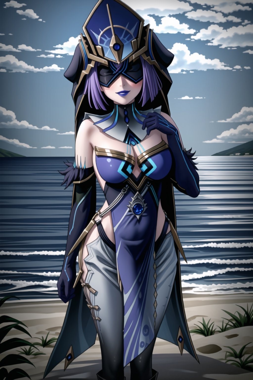 ((best quality)),  ((highly detailed)), (sumire kakei, long hair:1.2, purple hair) , masterpiece, 1girl,  evil smile:1.2, smug, seductive smile, solo, ,lips, makeup, ,standing,  ((blindfold, mask, eye mask)),MirrorMaiden, dress, cleavage, makeup, lipstick, ((blue lips:1.2)), blue headwear, hat, fur trim, blue gloves, gloves, elbow gloves, white pants,boots,  blush, beach, sand, water, posing, outdoors, ,MirrorMaiden,<lora:659111690174031528:1.0>