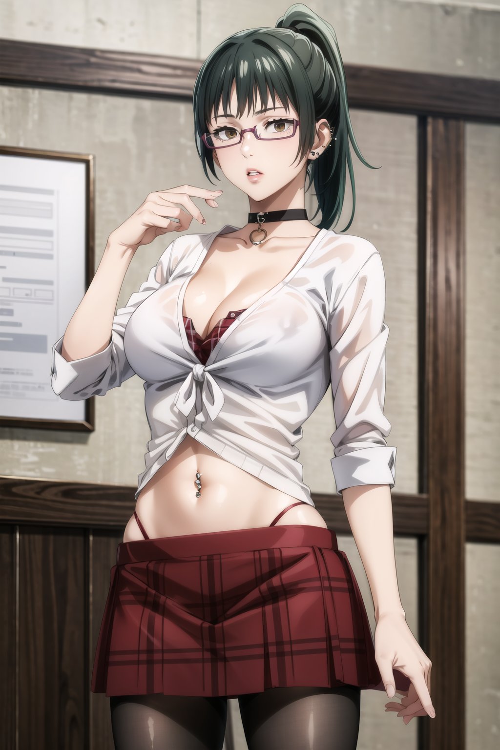 masterpiece,best quality,highres,ultra-detailed, zenin_maki, green hair, brown eyes, ponytail, glasses, bangs, white shirt, skirt, large breasts, navel, cleavage, pantyhose,  choker, midriff, miniskirt, lips, plaid, red plaid skirt, piercing, fishnets,  fishnet pantyhose, white tied shirt:1.2, navel piercing, , standing, StandingAtAttention,