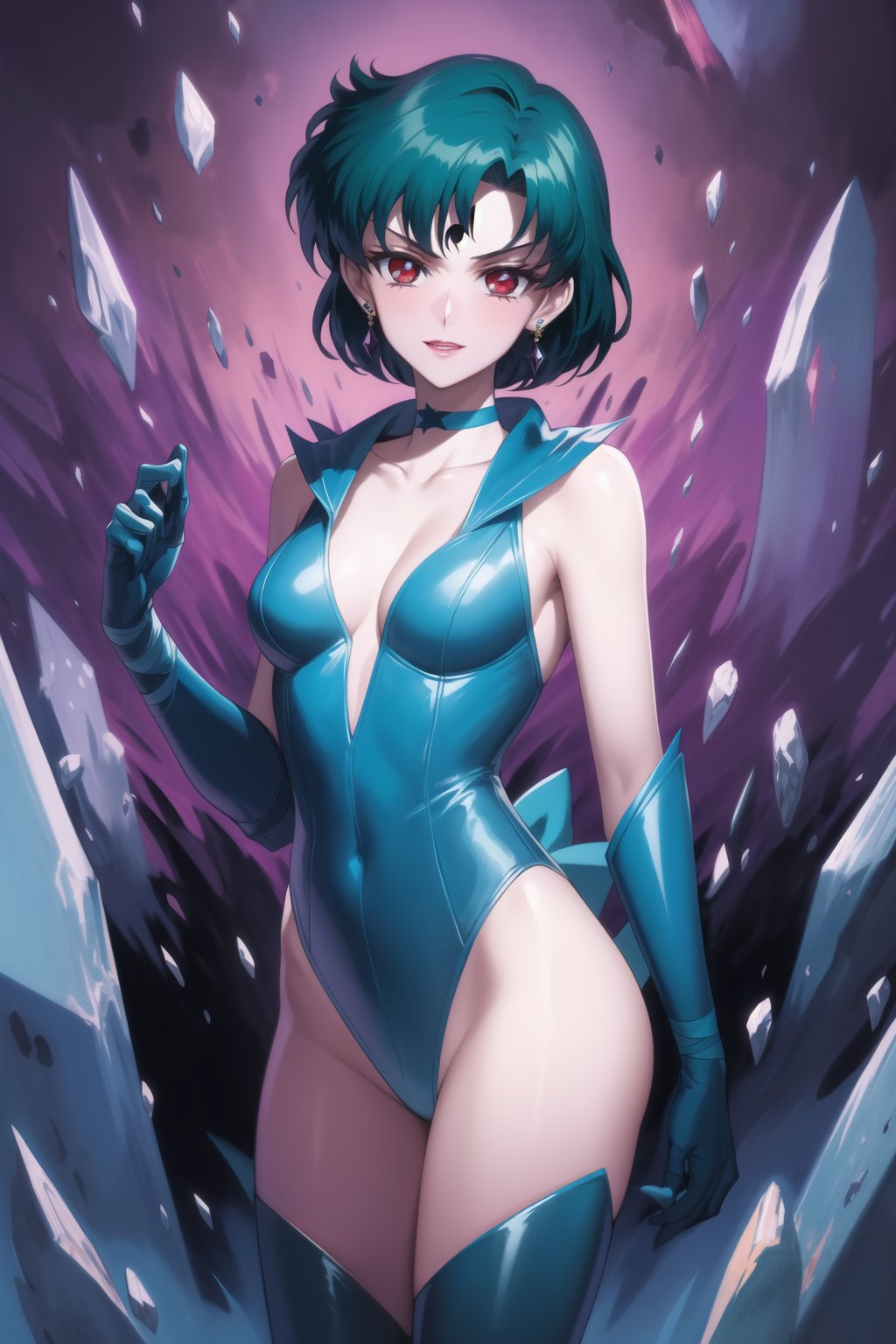 evil smile, red eyes, jewelry,  earrings, makeup, facial mark, lipstick,  forehead mark, crescent facial mark, crystal earrings,crescent, mer1, short hair, blue hair,  cleavage, jewelry, collarbone,  earrings, choker, leotard, bandages, blue leotard, blue choker, elbow gloves,highleg leotard, mizuno ami,blue gloves, blue thighhighs, blue leotard, dark persona, forehead jewel, blue choker, corruption, crescent facial mark, hydrokinesis, crystal earrings, mizuno ami, sailor mercury
(best quality), (highly detailed), masterpiece, (official art), A dark and mysterious female character inspired by classic anime style,  She has a cold, expressionless face with pale skin and dark, bold lips, giving her a commanding and intimidating presence.  The overall atmosphere is dark and mysterious, with a sense of power and control emanating from her poised stance.