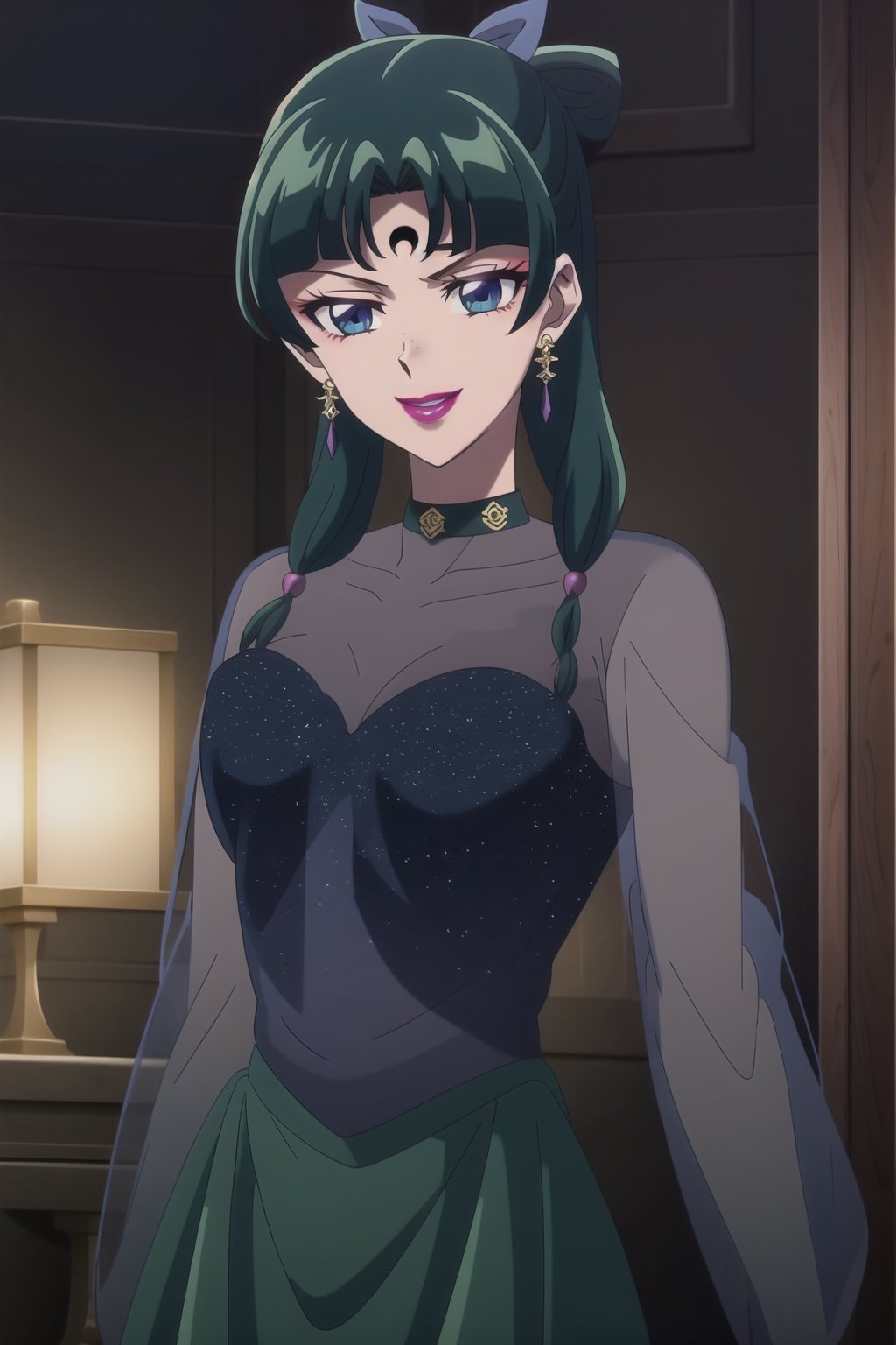 (best quality), (highly detailed), masterpiece, (official art), maomao,1girl,blunt bangs,green hair,blue eyes,sidelocks,twin braids,hair over shoulder,hair beads,half updo,single hair bun,hair ribbon,freckles, forehead mark, crescent facial mark, black crystal earrings, aged up, evil smile, lips, lipstick, posing, anime coloring, black dress, long sleeves, see-through, choker, skirt, black hair, jewelry, medium breasts, earrings, black eyes, makeup, lipstick, forehead mark, purple lips, pearl (gemstone), tomoe hotaru,,  