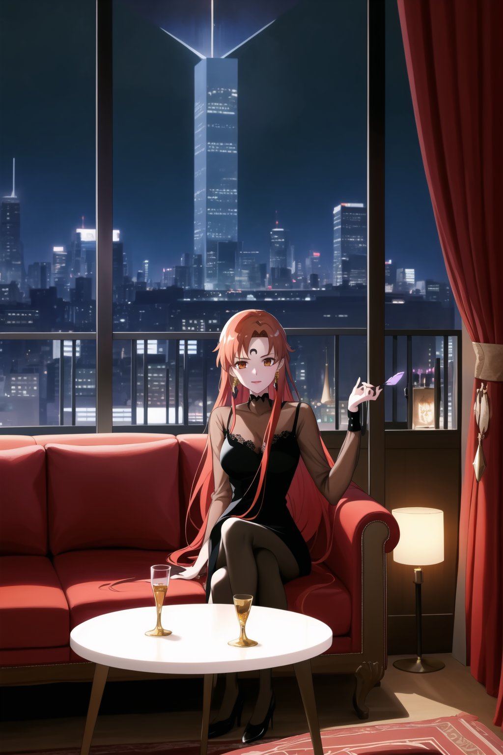 (best quality), (highly detailed), masterpiece, (official art),asuna yuuki, long hair, orange hair, red hair, brown eyes, looking at viewer,  dress, jewelry, see-through, facial mark, moon,  aged up, forehead mark, crescent facial mark, crystal earrings,  sitting
Modern luxury lounge with dim lighting, featuring sleek black leather sofas, glass tables, and soft ambient lighting from wall sconces. A large window in the background reveals a city skyline at night, adding a touch of sophistication to the scene,