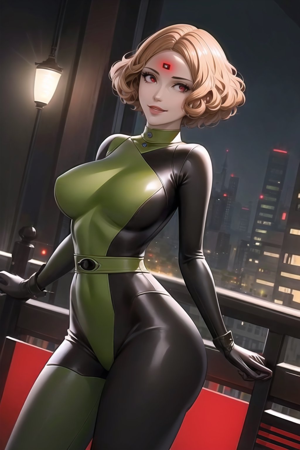 (best quality), (highly detailed), masterpiece, (official art), (dutch angle:1.2),(dsharu, brown hair, short hair), red eyes, lips, ( evil smile), lips, (microchip:1.2), (shegosuit:1.2), green bodysuit, latex , looking at viewer, china, asiática, city, night, sky, (intricately detailed, hyperdetailed), blurry background,depth of field, best quality, masterpiece, intricate details, tonemapping, sharp focus, hyper detailed, trending on Artstation,1 girl, high res, official art