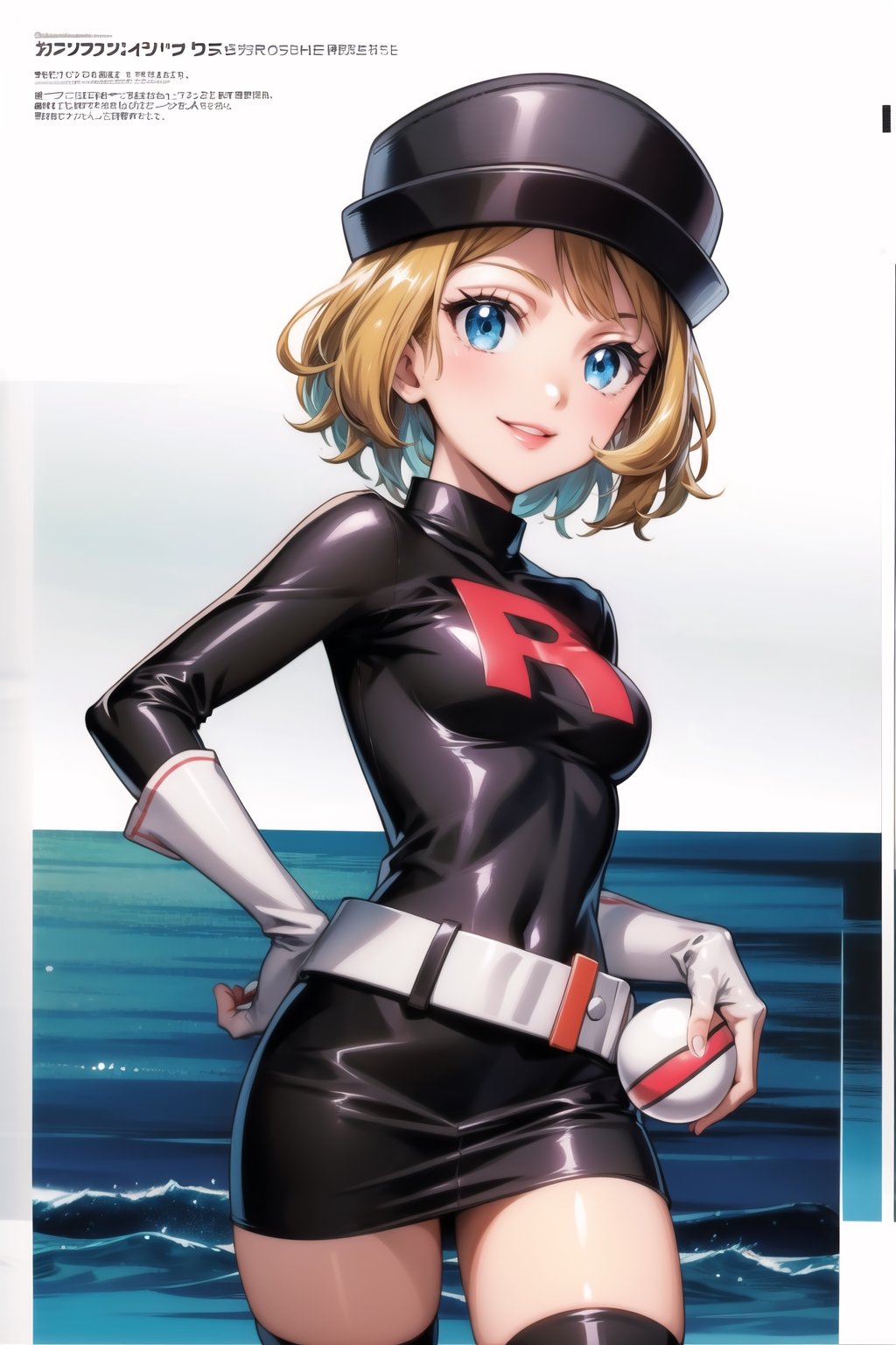 ((best quality)),  ((highly detailed)),  masterpiece,  ((official art)),  ((serena)), 1girl, solo, orange hair, blue eyes, blonde hair, short hair, bangs, poke ball, poke ball (basic), holding poke ball, black headwear, cabbie hat, hat, posing, lips, ( evil smile), ,Grunt Team Rocket, dress, black dress, (leotard, latex), long sleeves, gloves, elbow gloves, belt, grey belt, thighhighs, 1girl,simple background,smile,(sea background), posing,