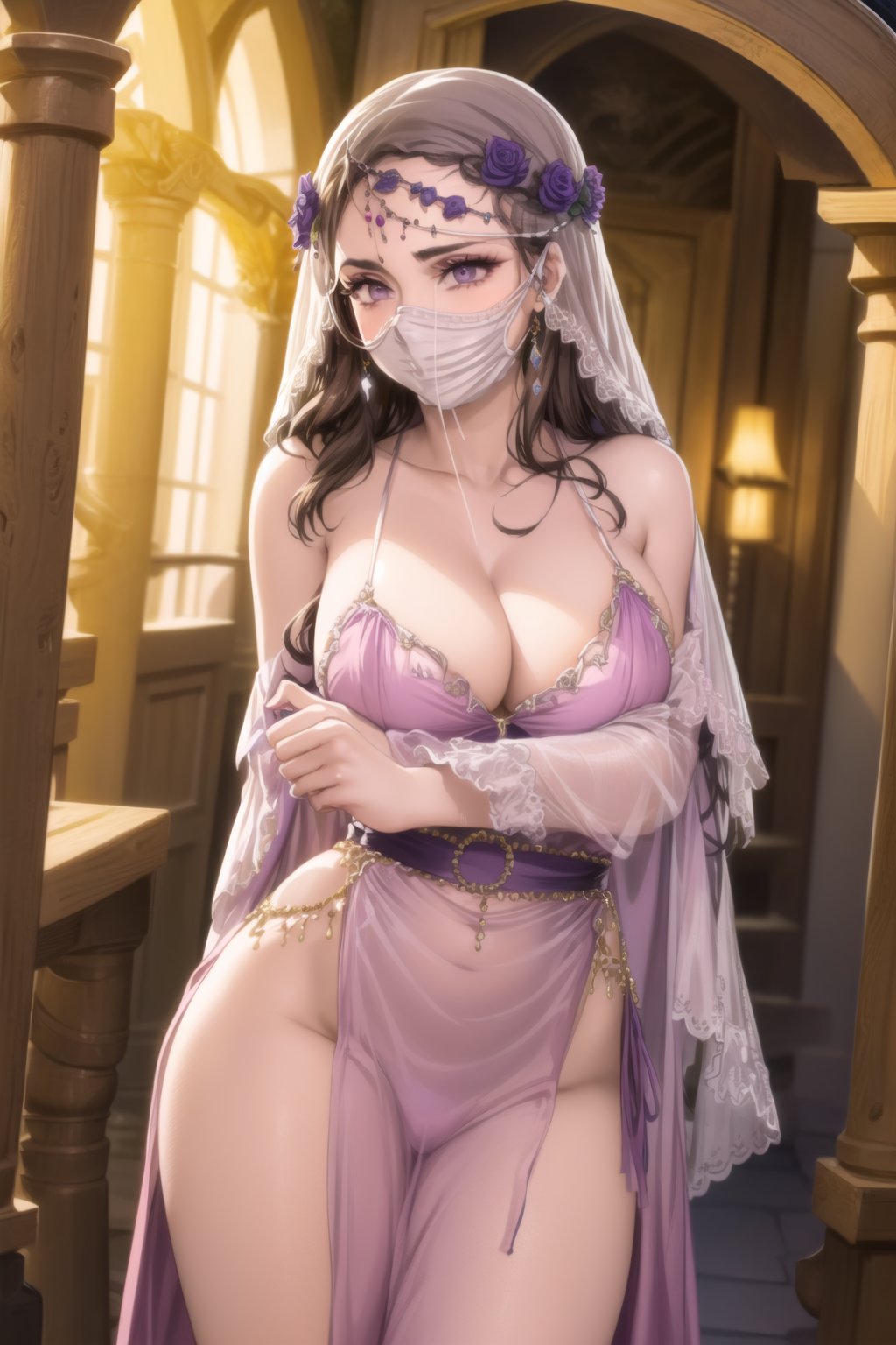 ((best quality)), ((highly detailed)), masterpiece, ((official art)), detailed face, beautiful face, (detailed eyes, deep eyes), seductive posing, (cowboy shot),diane, long hair, brown hair, purple eyes, empty eyes:1.2,,((veil, transparent,mask Veil,Veil)) v3il, face veil, (forehead jewel opal), crystal head veil, (cowboy shot), eyeliner, eyeshadow, makeup, purple lips [brown hair] hair ,ethereal nightgown, (sash), (cowboy shot), grand hall, . shallow depth of field, vignette, highly detailed, high budget, bokeh, cinemascope, moody, epic, gorgeous, film grain, grainy