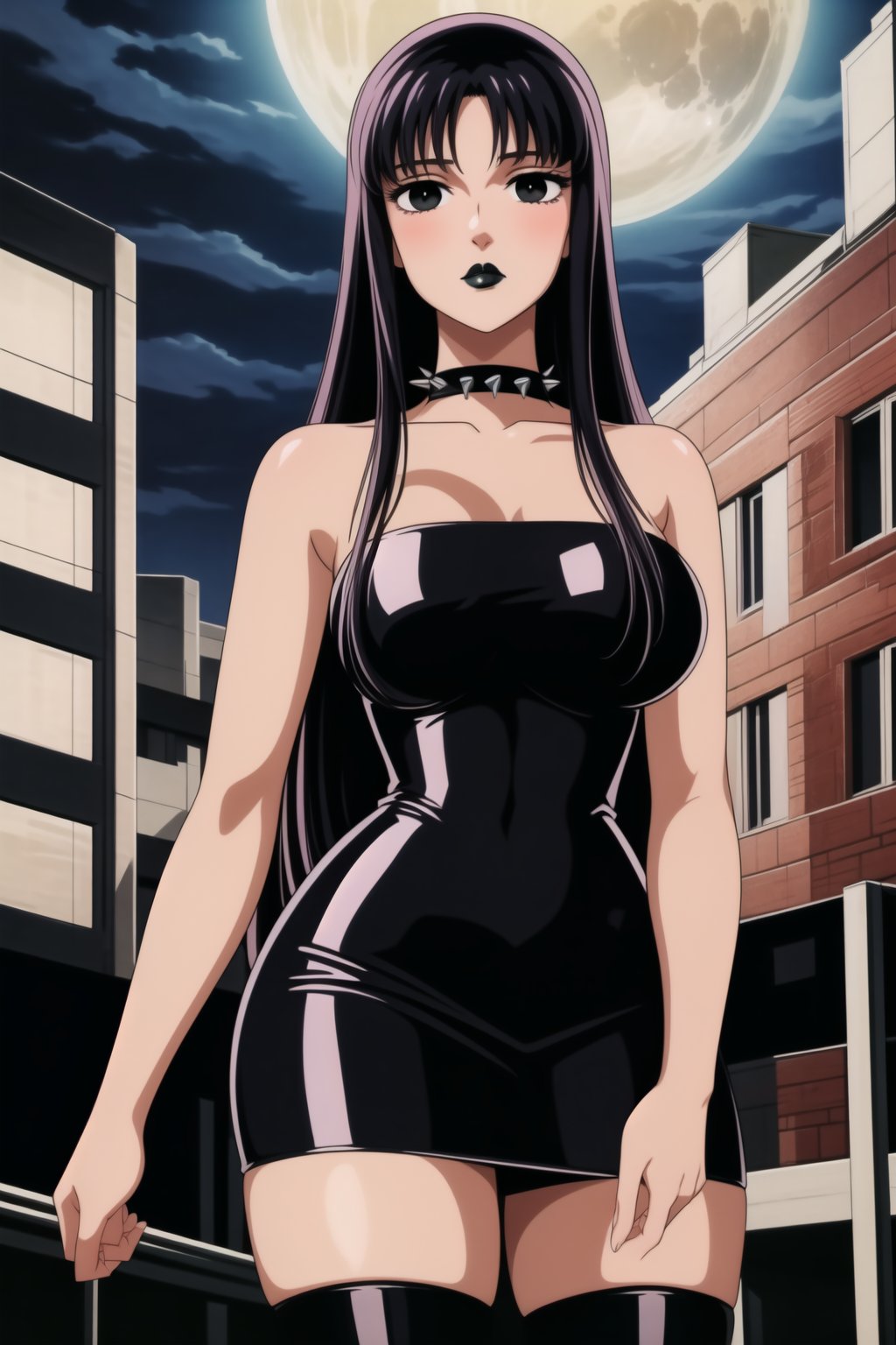 ((best quality)),  ((highly detailed)),  masterpiece,  ((official art)),(Saori Kido, Saori, long hair, black hair:1.3),((black eyes, empty eyes,expressionless,hypnosis)),(((white skin))) ,((makeup,lipstick, black lips:1.2)),absurdres, (spiked collar:1.2),  coyboy shot:1.3, thighhighs, lips,  blush,  (black latex:1.3),  black dress:1.2,  miniskirt  ((bodyconf)),  bare shoulders,  (( strapless)),  large breast,  looking at viewer,  street,  city,  nigth,  moon,  club,  (nigth club),  , hd quality,  perfect face , realistic,  realistic body,  perfect face sync,  , b1mb0,,,black lips