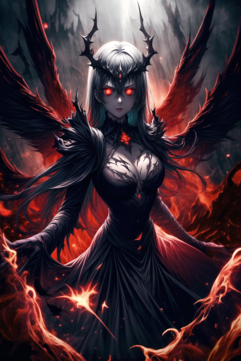 Elizabeth, black hair, lips, ruler of hell, black wings,darkness wings,wings,demon wings,stands as a malevolent dictator, her long hair flowing like darkness itself, gradient from white to dark, framing her cold gaze. Her elaborate gown, adorned with sinister symbols and glowing red accents, reflects her dominance and cruelty. The background features a hellish landscape: rivers of lava, jagged rocks, tormented souls, and dark clouds with lightning. Eerie, red and black glows illuminate the scene, capturing the dark and oppressive atmosphere of her dominion.