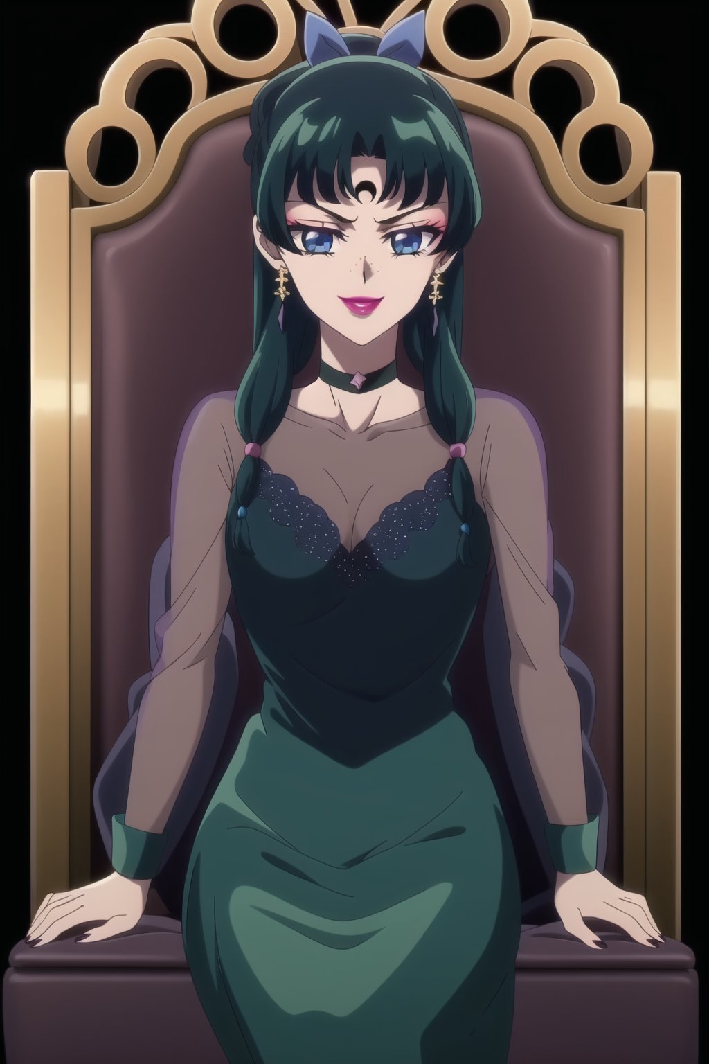 (best quality), (highly detailed), masterpiece, (official art), maomao,1girl,blunt bangs,green hair,blue eyes,sidelocks,twin braids,hair over shoulder,hair beads,half updo,single hair bun,hair ribbon,freckles, forehead mark, crescent facial mark, black crystal earrings, aged up, evil smile, lips, lipstick, posing, anime coloring, black dress, long sleeves, see-through, choker, skirt, black hair, jewelry, medium breasts, earrings, black eyes, makeup, lipstick, forehead mark, purple lips, pearl (gemstone), tomoe hotaru,,  sitting, throne,