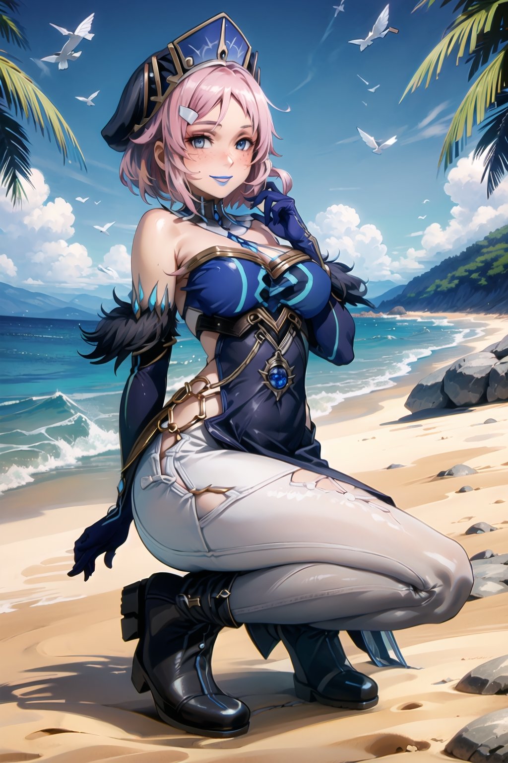 ((best quality)),  ((highly detailed)), (lisbeth, pink hair, hairclip, freckles) , masterpiece, 1girl,  evil smile:1.2, smug, seductive smile, solo, ,lips, makeup, ,standing,MirrorMaiden, dress, cleavage, makeup, lipstick, ((blue lips:1.2)), blue headwear, hat, fur trim, blue gloves, gloves, elbow gloves, white pants,boots,  blush, beach, sand, water, posing, outdoors