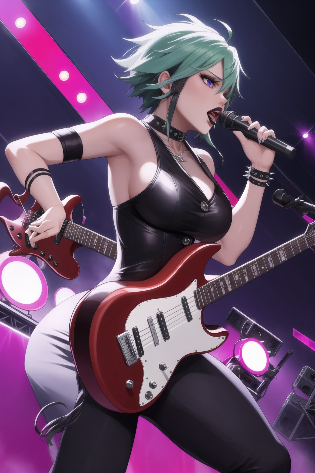 (best quality), (highly detailed), masterpiece, (official art),  Sinon, black lips:1.2, lips:1.3, rocking out on stage in a black leather outfit with spiked accessories. Her electric guitar roars as she performs in front of a massive crowd. The stage is bathed in red and purple lights, and the energy is electric as she belts out powerful lyrics. Her hair is wild, and her eyes are fierce, embodying the spirit of rebellion., ,hd quality, perfect face ,realistic, realistic body , perfect face sync,,b1mb0, 