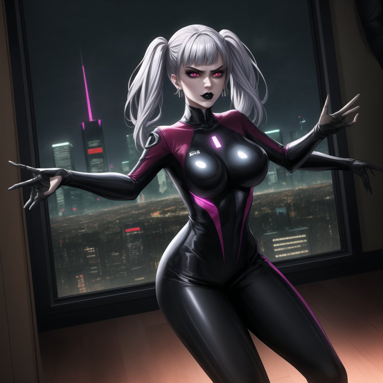 ((Best quality)), masterpiece, realistic illustration of a villainous noelle_silva, silver hair, twintails, blunt bangs:1.2, jewelry. She has glowing pink eyes and red eyes, ,with hoop earrings and black lipstick. Realistic illustration of a villainous ,neon ligth,black supersuit,  cyberpunk,dancing, dance, red eyes, black lipstick, hoop earring, neon suit, high quality, realism, detailed, city lights casting dramatic shadows, fierce and intense gaze, sleek design, professional, atmospheric lighting, villainous twist, ultra realistic, cinematic, octane render, photo realistic, detailed, hyper realism, with neon city lights casting dramatic shadows through the windows, creating an atmospheric lighting. 
The cityscape outside is detailed, with glowing signs and bustling streets. Her fierce and intense gaze, combined with the sleek design of her outfit, gives her a professional yet villainous twist. The scene is ultra-realistic, cinematic, with octane render and photo-realistic details, capturing the essence of hyper realism.,b1mb0,makeup,