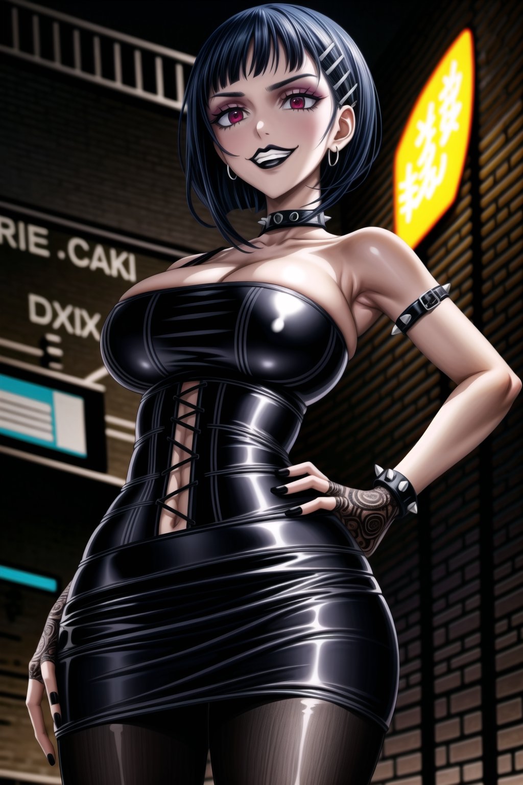 ((best quality)),  ((highly detailed)),  masterpiece,(Black lips:1.4),  ((official art)),  detailed face,  beautiful face, narrow_waist:1.3 , (intricate Black dress:1.4),(detailed eyes,  deep eyes),(science fiction, cyberpunk:1.3, street, shopping, dark background),((smirk, grin, naughty face, seductive smile, smug, arm behind head, hand_on_own_hip, head_tilt)),, ,cowboy shot,(lips), ,kirigaya suguha, blunt bangs, short bangs, black hair:1.3, short hair, hair ornament, hairclip,(red eyes),  cross-laced clothes, (spiked bracelet), corset:1.4,chinese dress:1.2, hoop earring, curvaceous, voluptuous body, (makeup:1.3) (lips:1.3), (latex),  (black tube top:1.2), gloves, fingerless gloves, skirt, black choker, belt, pencil skirt, pantyhose, miniskirt, (black skirt), black gloves, black legwear, black choker, Black nails,large breasts, conspicuous elegance, snobby, upper class elitist, possesses an arroaant charm. her Dresence commands attention and enw, (intricately detailed, hyperdetailed), blurry background, depth of field, best quality, masterpiece, intricate details, tonemapping, sharp focus, hyper detailed, trending on Artstation, 1 girl, solo, high res, official art,RockOfSuccubus,<lora:659111690174031528:1.0>