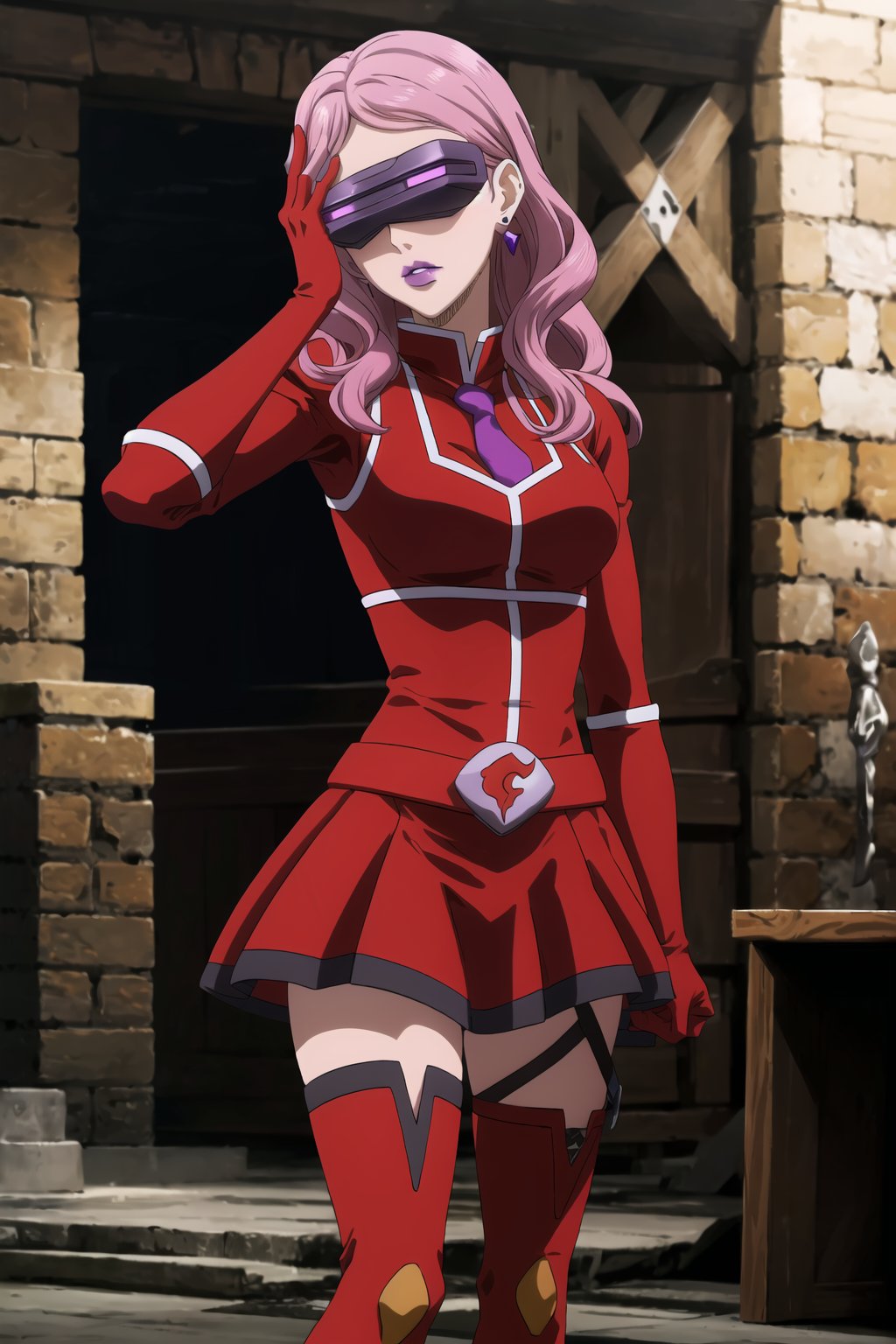 (best quality), (highly detailed), masterpiece, (official art),Vanessa, jewelry, earrings, long hair, pink hair,, mature_female, 1girl, solo, ((head-mounted display)), ((purple lips:1.2)), (team flare:1.2),  gloves,((armor, juliet_sleeves:1.2)), long_sleeves , pleated skirt,  necktie, red dress, belt, red dress, (pantyhose, red footwear1.2), (lips:1.2), ((arms at sides)),, cowboy shot, looking at viewer, indoors, blurry background,depth of field, best quality, masterpiece, intricate details, tonemapping, sharp focus, hyper detailed, trending on Artstation, salute,nozomi toujou