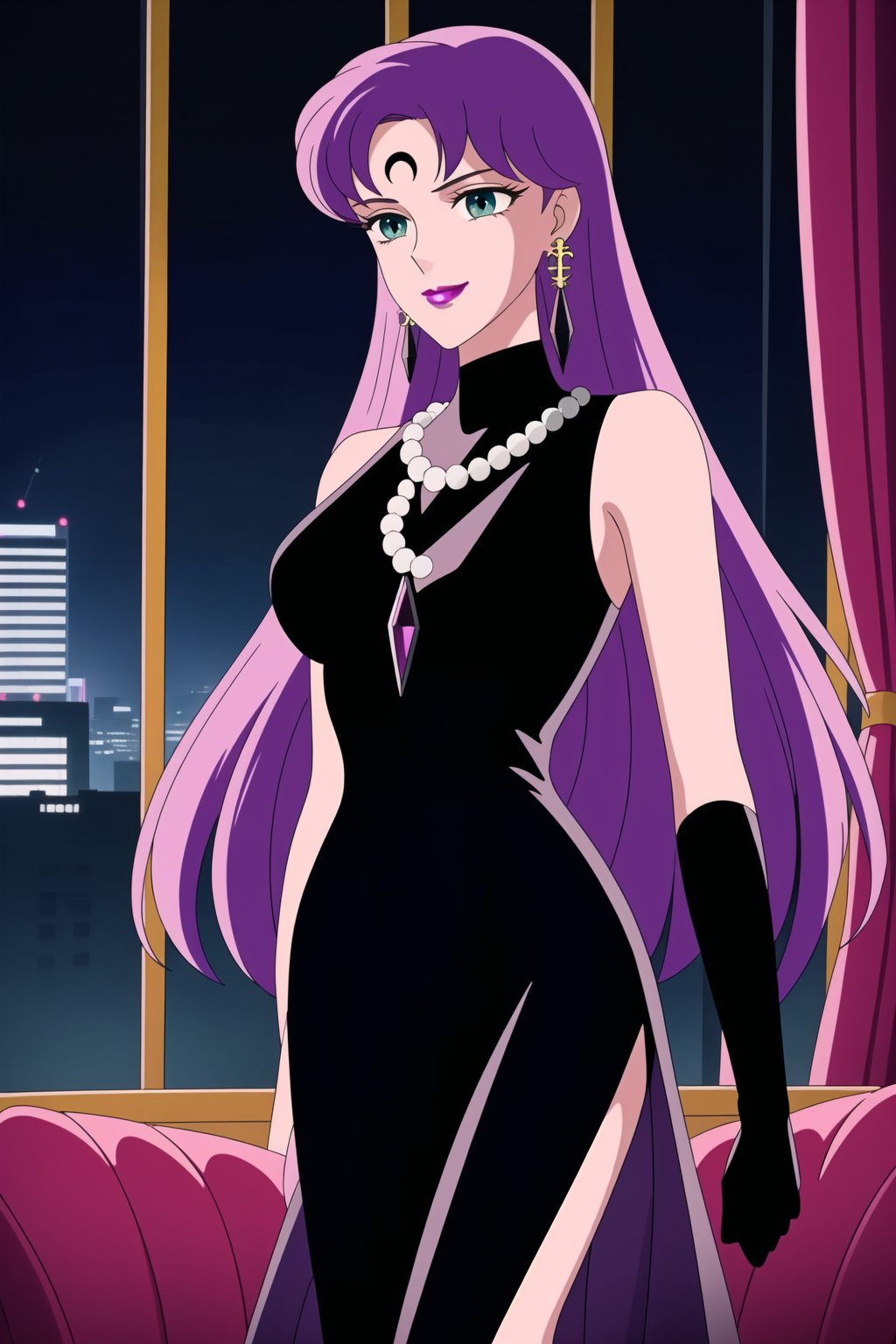 (best quality), (highly detailed), masterpiece, (official art),Saori Kido, long purple hair. blue eyes, bangs, lips, smile, lipstick, makeup,
((Forehead mark, crescent facial mark, black crystal earrings, jewelry)).  Dark  dress, black latex, black sleeveless dress, turtleneck_dress, short dress, elbow gloves, green gloves, thighhighs, large necklace, ((gemstone necklace:1.2)), standing,
Modern luxury lounge with dim lighting, featuring sleek black leather sofas, glass tables, and soft ambient lighting from wall sconces. A large window in the background reveals a city skyline at night, adding a touch of sophistication to the scene