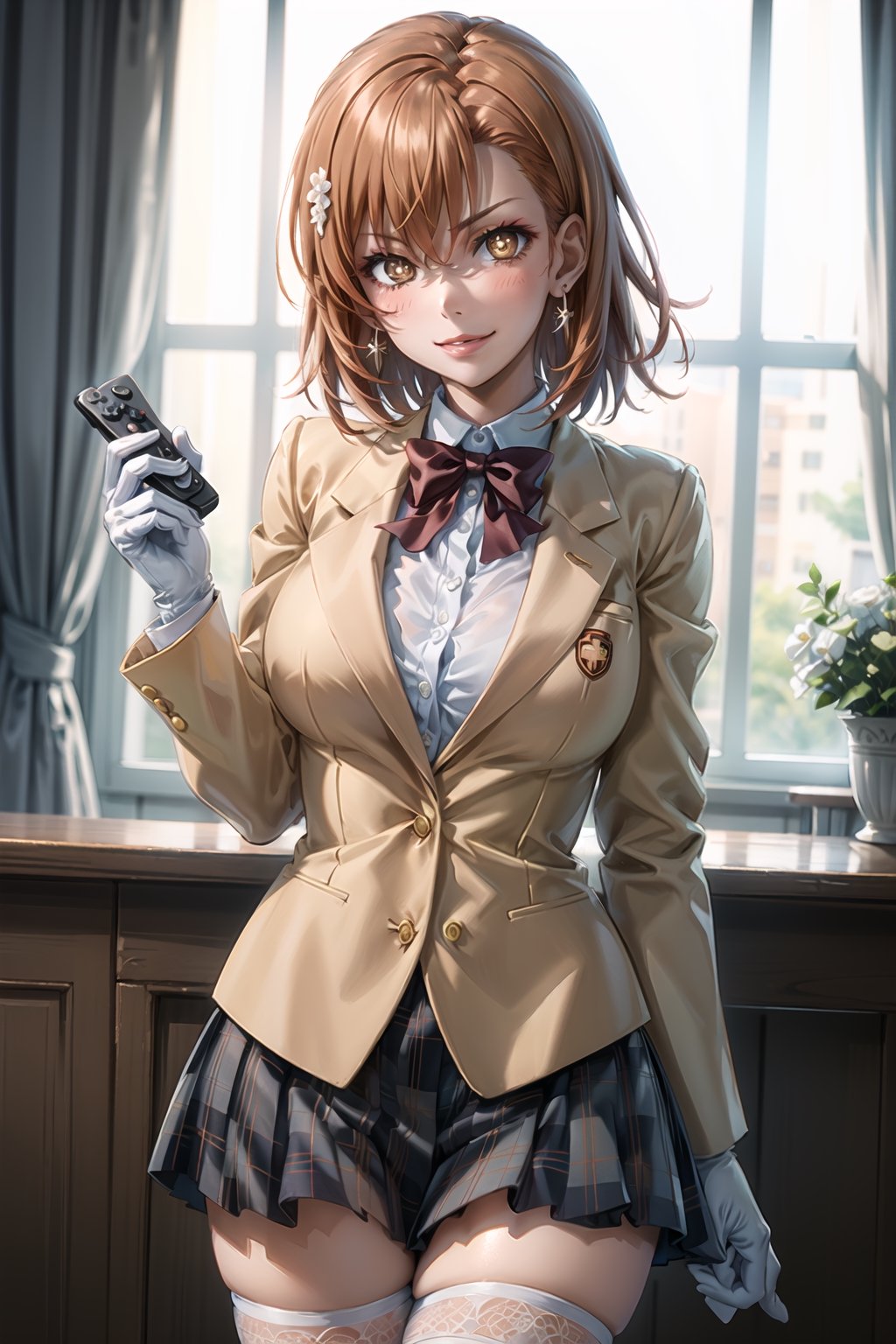 ((best quality)),  ((highly detailed)),  masterpiece,1girl, controller holding_controller ,(large breasts), tokiwadai school uniform, red bow, white shirt, collared shirt, blazer, white gloves, long sleeves, plaid skirt, white thighhighs ,1girl, lips:1.4, makeup:1.4, symbol-shaped pupils, +_+, naughty_face, ,evil smile, ((gyaru)) ,jewelry, blush, earrings, looking at viewer, standing, cowboy shot, red hair, school, short hair, aamikoto, hair flower,hmmisaki