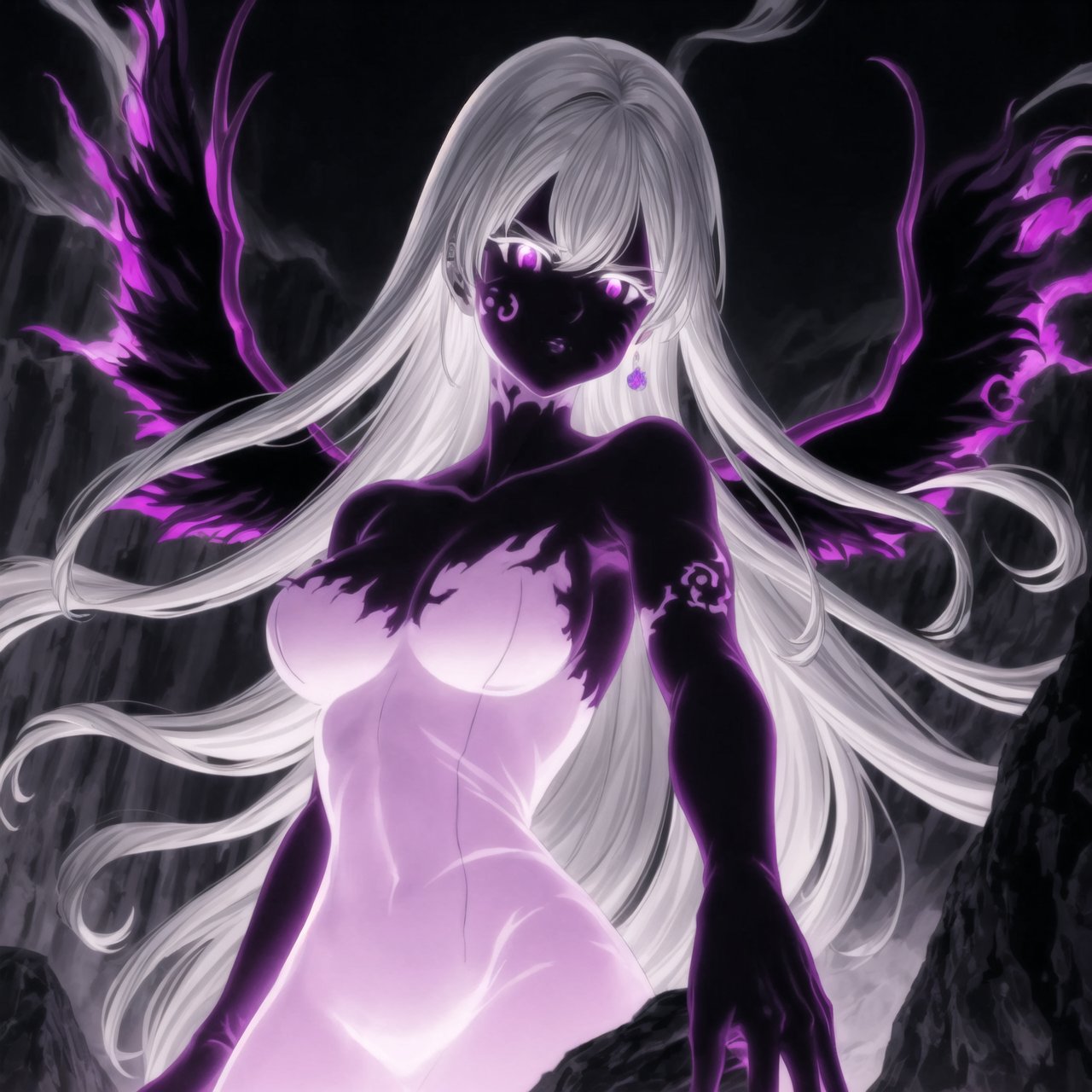 monochrome,greyscale,(tattoo,facial mark,aura,glowing,bodypaint,smoke,dark aura:1.2),1girl,long hair,medium breasts,black hair,angry,purple eyes,wings,claws,looking at viewer,nude,censored,armor,convenient censoring,Elizabeth, black hair, lips, ruler of hell, stands as a malevolent dictator, her long hair flowing like darkness itself, gradient from white to dark, framing her cold gaze. Her elaborate gown, adorned with sinister symbols and glowing red accents, reflects her dominance and cruelty. The background features a hellish landscape: rivers of lava, jagged rocks, tormented souls, and dark clouds with lightning. Eerie, red and black glows illuminate the scene, capturing the dark and oppressive atmosphere of her dominion.