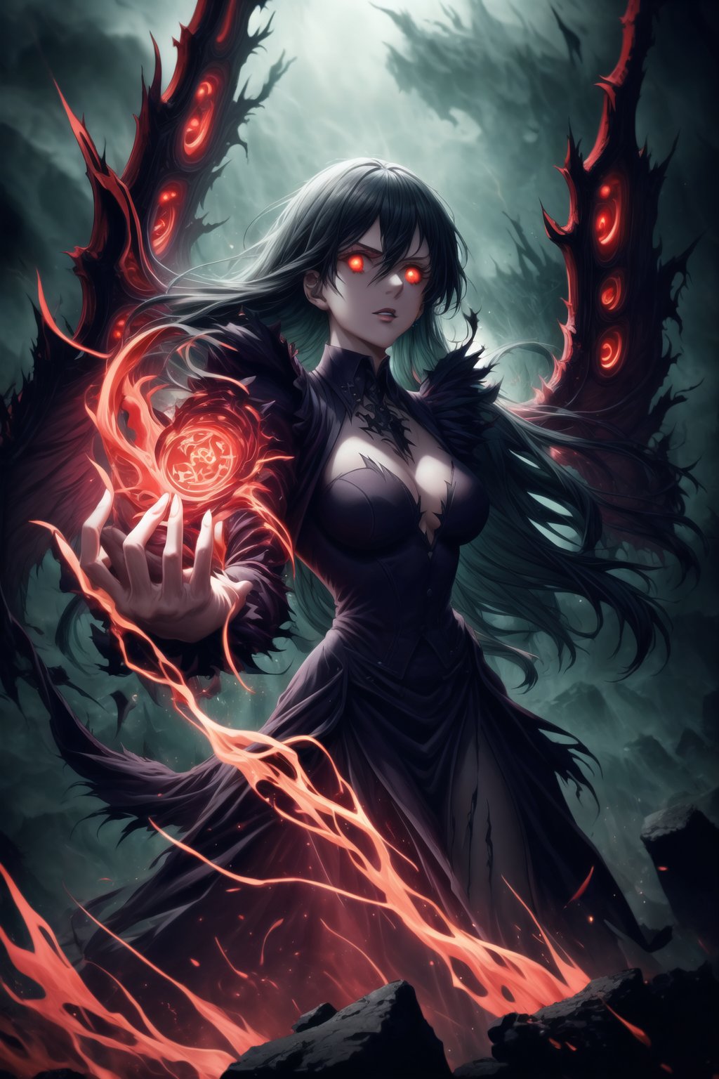 Elizabeth, black hair, lips, ruler of hell, black wings,darkness wings,wings,demon wings,stands as a malevolent dictator, her long hair flowing like darkness itself, gradient from white to dark, framing her cold gaze. Her elaborate gown, adorned with sinister symbols and glowing red accents, reflects her dominance and cruelty. The background features a hellish landscape: rivers of lava, jagged rocks, tormented souls, and dark clouds with lightning. Eerie, red and black glows illuminate the scene, capturing the dark and oppressive atmosphere of her dominion.,GFX