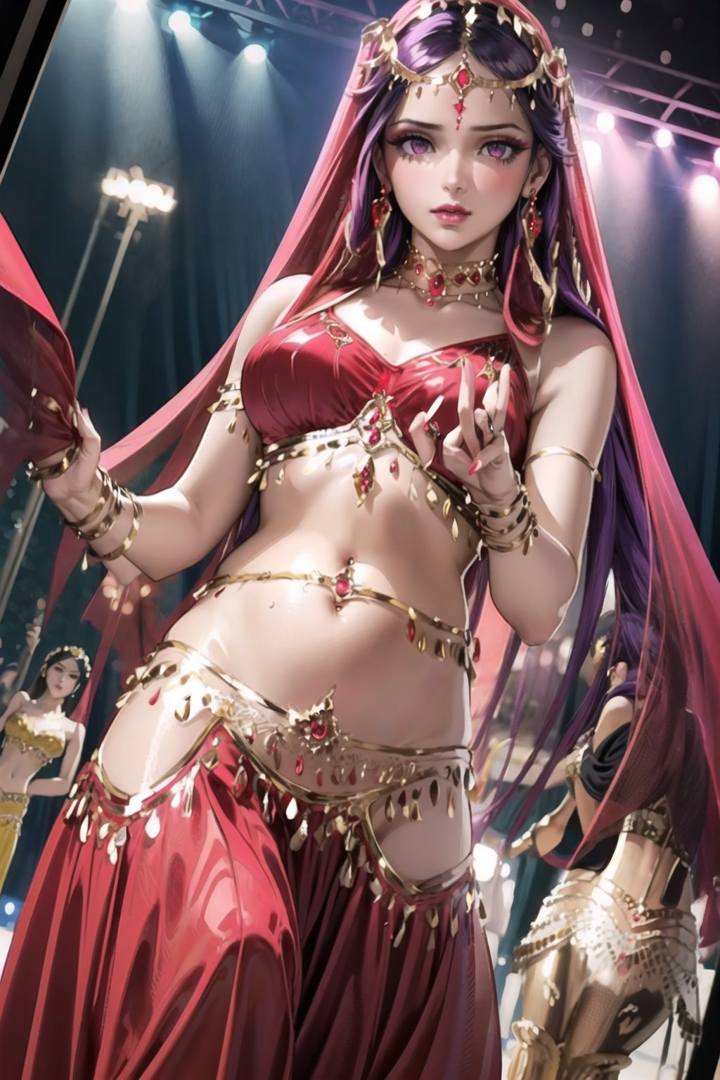 ((best quality)),  ((highly detailed)),  masterpiece,1girl, 1girl, expressionless, ( lips), makeup ,red lips, (dance pose:1.3), ((belly dance, belly dance clothes)), ((red clothes)), provocative look, nightclub scene, neon lights, belly dance,(aroused), blush ,standing, ((makeup:1.2)), (((jewlery))),(earrings:1.2), blush,, looking at viewer, standing, slave, ballroom slave  market,(dutch angle), Saori, long hair, purple hair, (pink eyes),(((wearing belly dance dress,face_veil))),jyojifuku, ((empty eyes))