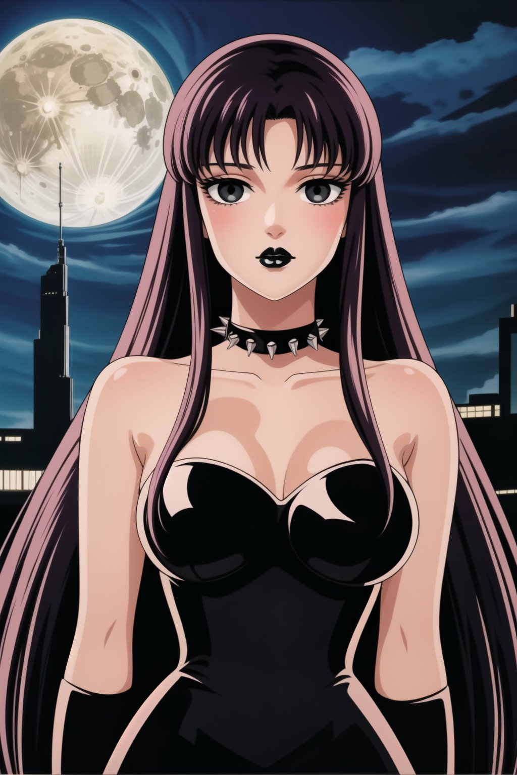 ((best quality)),  ((highly detailed)),  masterpiece,  ((official art)),(Saori Kido, Saori, long hair, black hair:1.3),((black eyes, empty eyes,expressionless,hypnosis)),(((white skin))) ,((makeup,lipstick, black lips:1.2)),absurdres, (spiked collar:1.2),  coyboy shot:1.3, thighhighs, lips,  blush,  (black latex:1.3),  black dress:1.2,  miniskirt  ((bodyconf)),  bare shoulders,  (( strapless)),  large breast,  looking at viewer,  street,  city,  nigth,  moon,  club,  (nigth club),  , hd quality,  perfect face , realistic,  realistic body,  perfect face sync,  , b1mb0,,,black lips