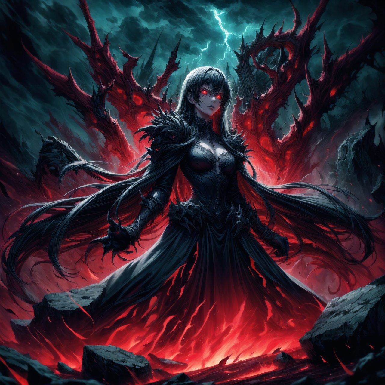 Elizabeth, black hair, lips, ruler of hell, stands as a malevolent dictator, her long hair flowing like darkness itself, gradient from white to dark, framing her cold gaze. Her elaborate gown, adorned with sinister symbols and glowing red accents, reflects her dominance and cruelty. The background features a hellish landscape: rivers of lava, jagged rocks, tormented souls, and dark clouds with lightning. Eerie, red and black glows illuminate the scene, capturing the dark and oppressive atmosphere of her dominion.