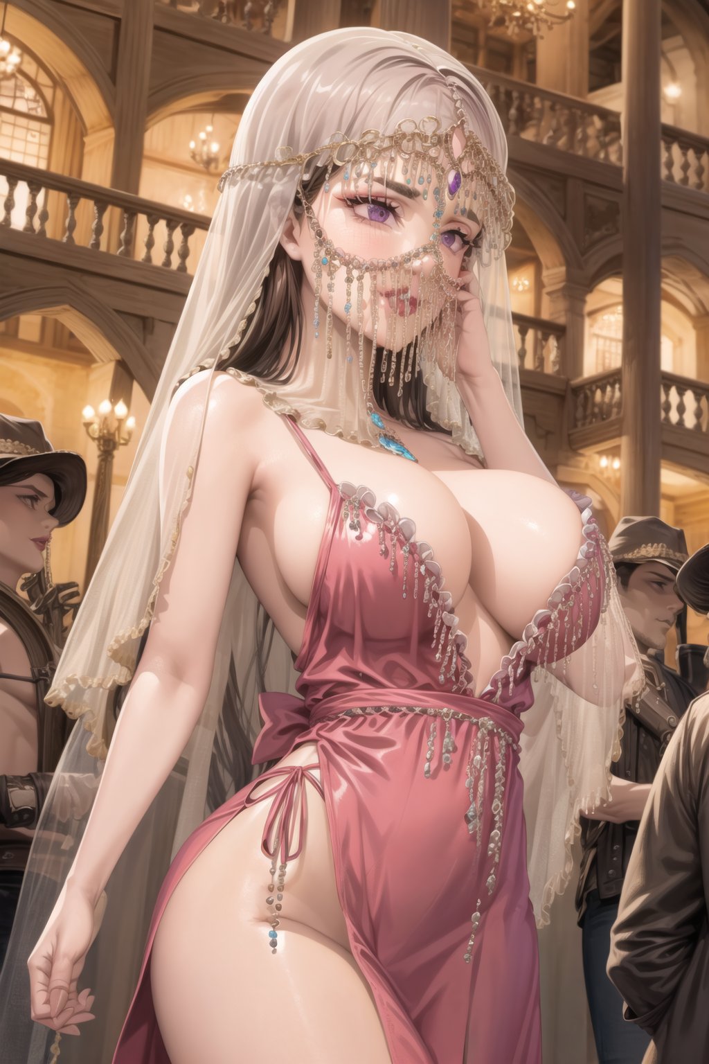 ((best quality)), ((highly detailed)), masterpiece, ((official art)), detailed face, beautiful face, (detailed eyes, deep eyes), seductive posing, (cowboy shot),diane, long hair, brown hair, purple eyes, empty eyes:1.2,, v3il, face veil, (forehead jewel opal), crystal head veil, (cowboy shot), eyeliner, eyeshadow, makeup, purple lips [brown hair] hair ,ethereal nightgown, (sash), (cowboy shot), grand hall, . shallow depth of field, vignette, highly detailed, high budget, bokeh, cinemascope, moody, epic, gorgeous, film grain, grainy