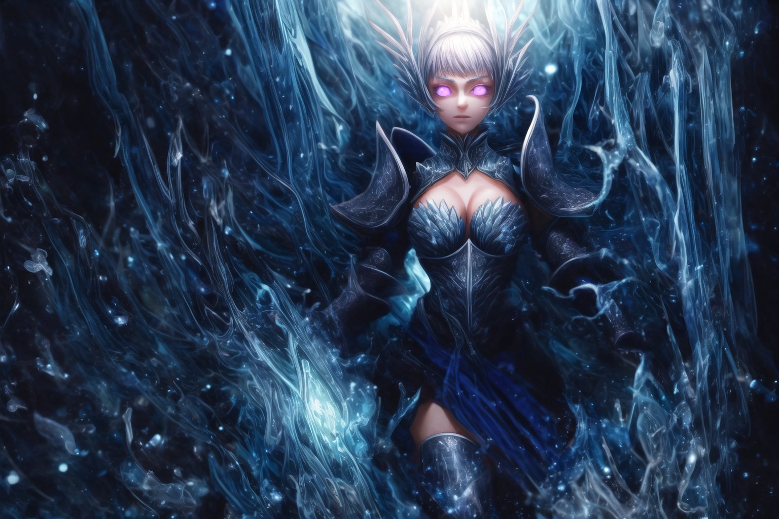 GFX wallpaper featuring Noelle Silva as a Valkyrie, with twintailed silver hair and shimmering water armor that appears both solid and liquid. The scene is illuminated by a radiant sword in her hand, casting light across the battlefield. Her wings, crafted from water, sparkle as if catching the light of a distant sun, and her purple eyes glow intensely. Water splashes around her armor, and energy beams shoot through the background. Her armored dress is detailed with intricate runes and silver accents, all glimmering as if imbued with magic. The background shows crashing waves, with water particles frozen mid-air, glowing in vibrant blue, violet, and white hues., glowing eyes