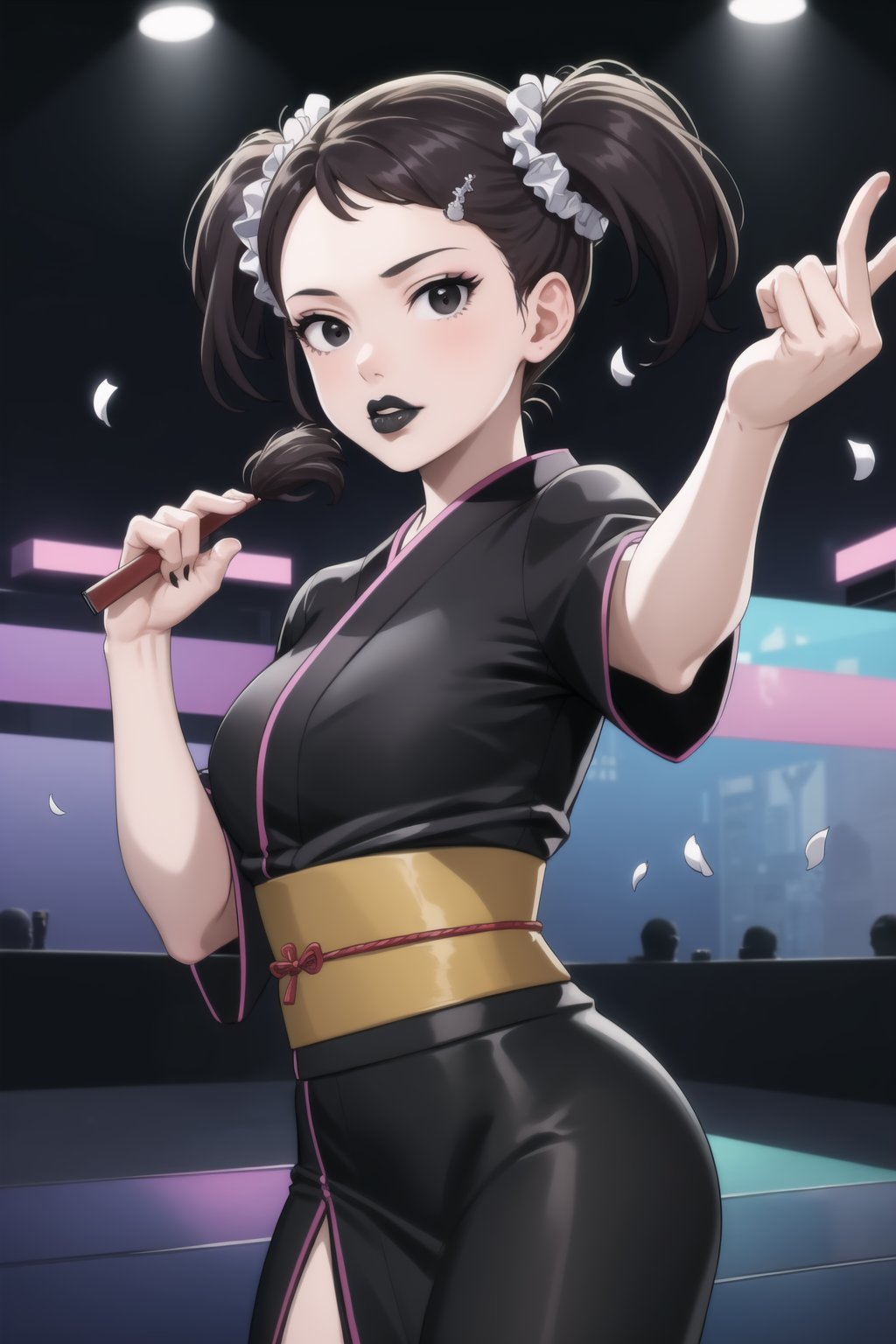 (best quality), (highly detailed), masterpiece, (official art),  becky blackbell, black hair, hair ornament, twintails, hairclip, scrunchie, hair scrunchie, lips:1.2, black lips:1.4, makeup:1.2, lipstick:1.2,  makeup, black eyes:1.2,black kimono,obi, dance,hand fan,white confetti,, looking at viewer, (/nightclub scene, neon lights)), , club, (nigth club), ,hd quality, perfect face ,realistic, realistic body , perfect face sync,night club,StandingAtAttention,night club,b1mb0, dancing:1.2,