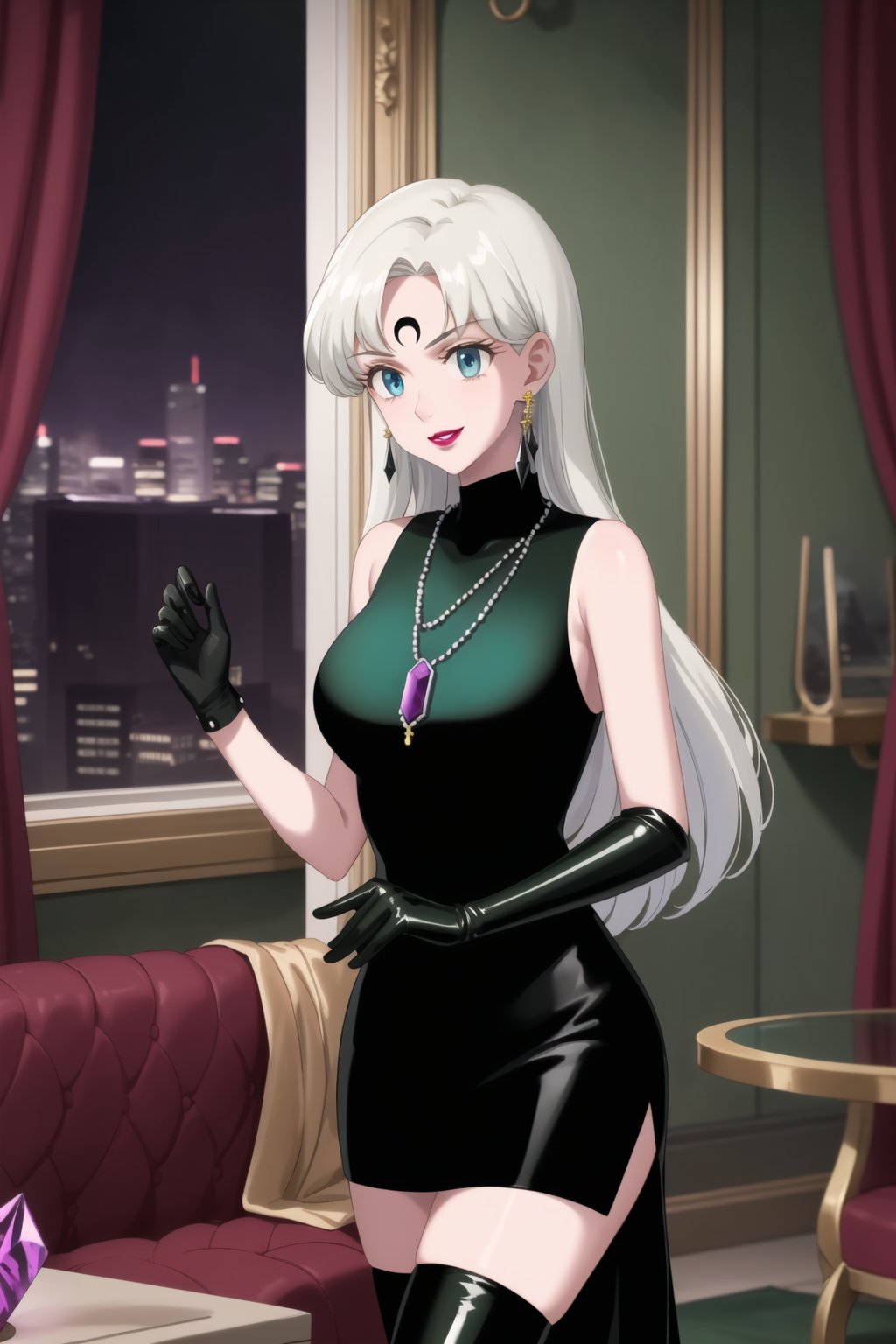 (best quality), (highly detailed), masterpiece, (official art),elizabeth, long hair, blue eyes, white hair, blunt bangs, single earring,, lips, smile, lipstick, makeup,
((Forehead mark, crescent facial mark, black crystal earrings, jewelry)).  Dark  dress, black latex, black sleeveless dress, turtleneck_dress, short dress, elbow gloves, green gloves, thighhighs, large necklace, ((gemstone necklace:1.2)), standing,
Modern luxury lounge with dim lighting, featuring sleek black leather sofas, glass tables, and soft ambient lighting from wall sconces. A large window in the background reveals a city skyline at night, adding a touch of sophistication to the scene