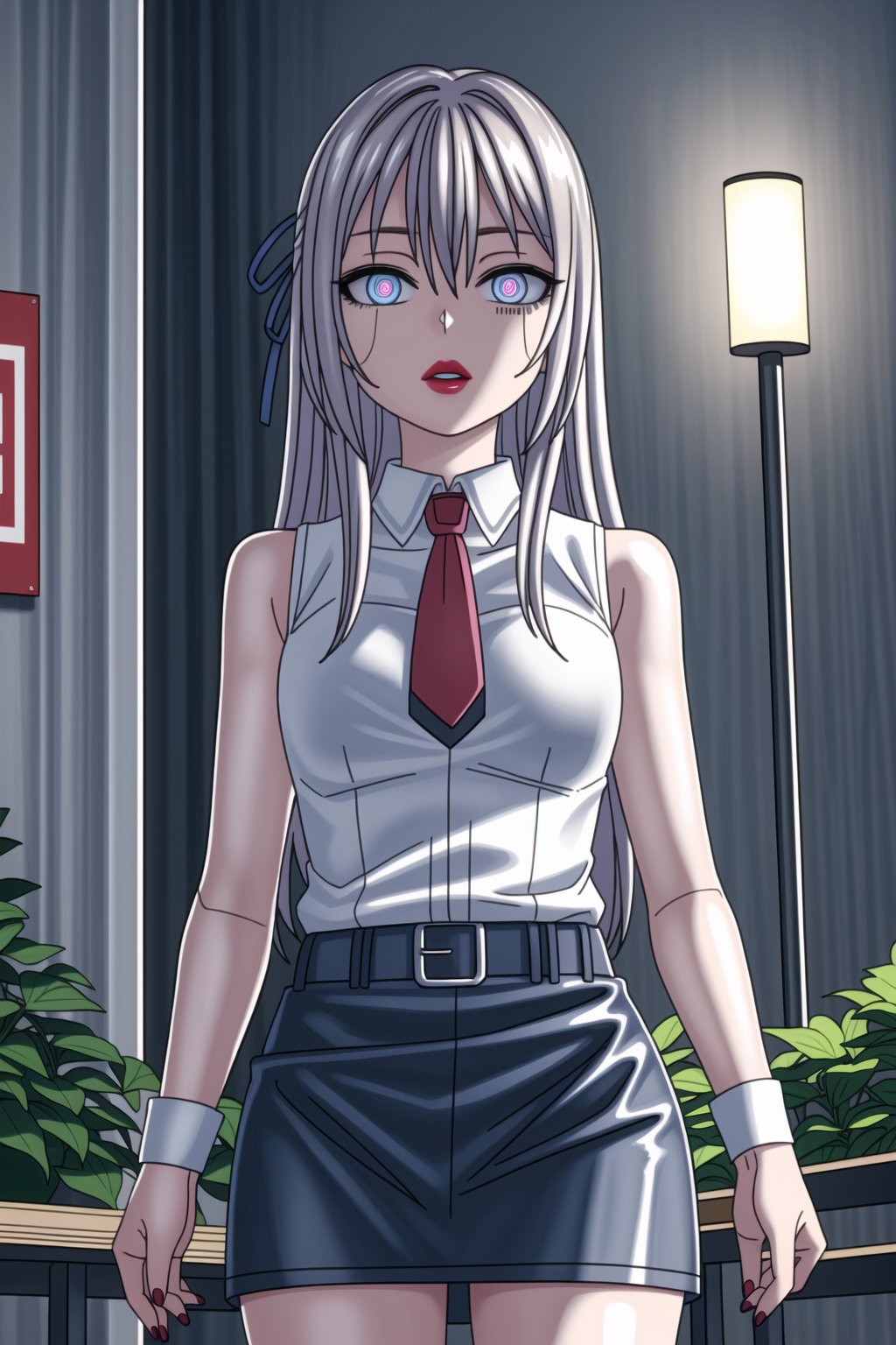 ((best quality)),  ((highly detailed)),  masterpiece,1girl, 1girl, (lips:1.2) , (red lips:1.3) ,arms outstretched ,nail polish, solo, latex:1.2, alternate_costume, (white shirt:1.2), black necktie, shirt, (((sleeveless_shirt,sleeveless))), collared shirt, pencil_skirt, high_waist_skirt, belt, black_skirt,  miniskirt, black_legwear, pantyhose,   black nails, looking at viewer, standing, cowboy shot, bar,outdoor,lamp,nigth,space, office:1.3 , two-tone-hair, Remodeling, (pink eyes, blue eyes), (glowing eyes), (android:1.1), (barcode:1.3),alya, long hair, grey hair, hair between eyes,hair ribbon,<lora:659111690174031528:1.0>