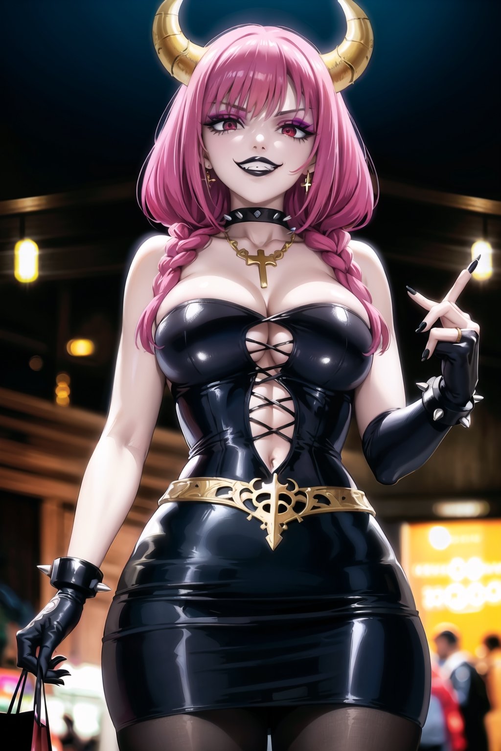 ((best quality)),  ((highly detailed)),  masterpiece,(Black lips:1.4), (white skin:1.4), ((official art)),  detailed face,  beautiful face, (cross-laced clothes:1.3), narrow_waist:1.3, dominatrix:1.4 , (intricate Black dress:1.4), (detailed eyes,  deep eyes),(science fiction, cyberpunk:1.3, street, shopping, dark background),((smirk, grin, naughty face, seductive smile, smug)) ,cowboy shot,(lips), (aura the guillotine, long hair, purple hair, braid, horns, twin braids), (red eyes:1.3),   (spiked bracelet), corset:1.4,chinese dress:1.2, (intricate black earring:1.3), curvaceous, voluptuous body, (makeup:1.5) (lips:1.3), (latex),  (black tube top:1.2), gloves, fingerless gloves, skirt, black choker, belt, pencil skirt, pantyhose, miniskirt, (black skirt), black gloves, black legwear, black choker, Black nails,large breasts:1.2, conspicuous elegance, snobby, upper class elitist, possesses an arroaant charm. her Dresence commands attention and enw, (intricately detailed, hyperdetailed), blurry background, depth of field, best quality, masterpiece, intricate details, tonemapping, sharp focus, hyper detailed, trending on Artstation, 1 girl, solo, high res, official art,RockOfSuccubus,