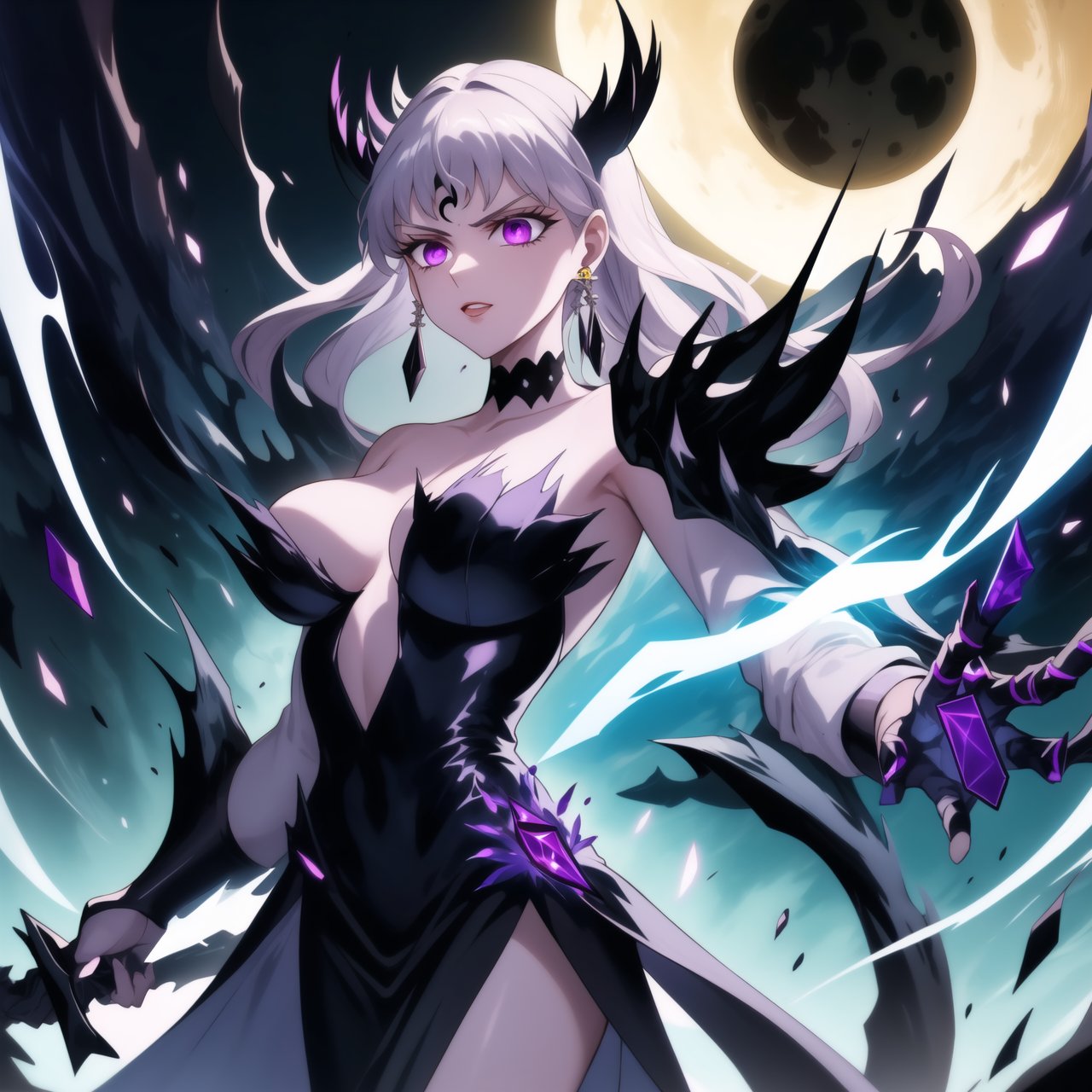 Here's a high-quality prompt for generating an image:

Official art masterpiece by noelle_silva: Aged-up Dark Thunder stands confidently, silver hair flowing like a river of darkness. Her purple eyes gleam with malevolent intent as she summons dark electricity to strike her foe. Retro-armed and jewelry-adorned, including black crystal earrings and a choker, she holds aloft a dark sword, charging an energy attack. A crescent-shaped facial mark glows ominously on her forehead. In the background, a subtle black moon casts an eerie shadow, amplifying her sinister aura. Framed by darkness, this pose is lit with an otherworldly glow.