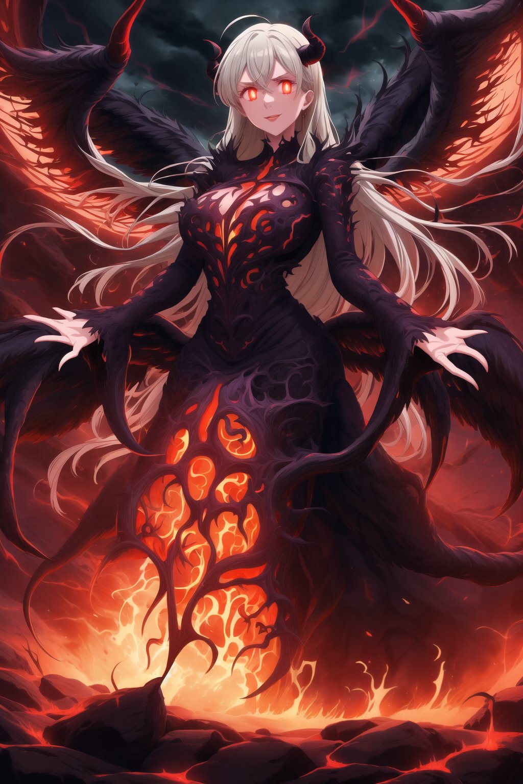 A masterpiece of dark fantasy: elizabeth, malevolent demon, lips curled into an evil smile, long flowing white hair cascading down her back like a fiery waterfall. Her delicate ahoge and intricate black gown billow softly as she floats amidst hell's fiery depths. Black wings spread wide behind her, emitting a darkness-infused light that adds to her ominous presence. Red eyes gleam with malevolent intent as she stands poised, arms outstretched in a violent welcome. Softly glowing fire illuminates her figure, while rays of dark light pierce the heavens above, casting an eerie glow on Rias' demonic form. The hellish landscape before her is bathed in red hues, as if infernal flames are breaking through to create this haunting atmosphere.