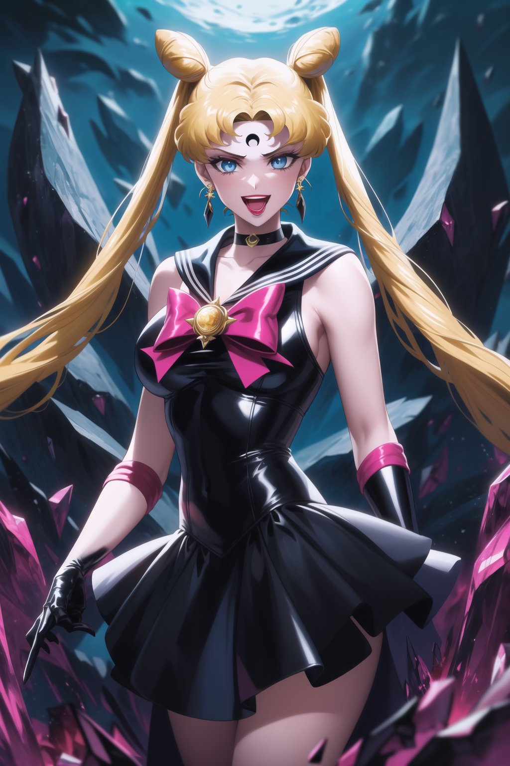 (best quality), (highly detailed), masterpiece, (official art),aausagi, double bun, twintails, parted bangs. blonde hair, makeup, ((forehead mark, crescent facial mark, black crystal earrings)), aged up, evil smile, lips, lipstick, open mouth, sailor moon, black sailor, choker, red bow, black gloves, elbow gloves, blue skirt, latex, A dark and mysterious female character inspired by the style of classic anime. She has an evil face with an evil smile, giving her an imposing and intimidating presence. The overall atmosphere is dark and mysterious, with a sense of power and control emanating from her posture.