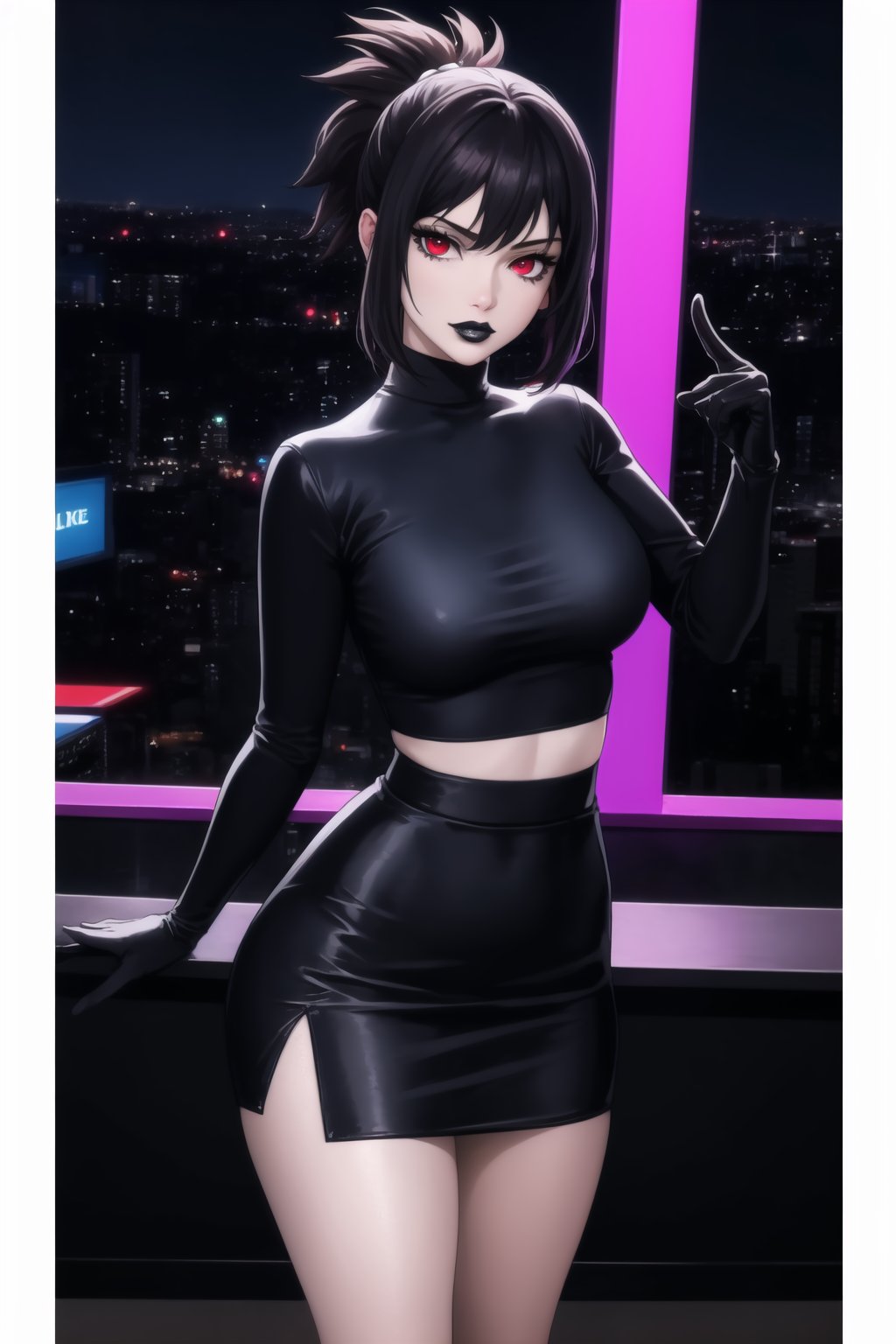 (best quality), (highly detailed), masterpiece, (official art),  kohaku, black hair:1.2, red eyes, hair ornament, ponytail, solo,  lips:1.2, black lips:1.4, lipstick:1.2, skirt, black turtleneck shirt, black shirt, latex:1.2, gloves, pencil_skirt, shirt, black gloves, standing, looking at viewer, breasts, black skirt, looking at viewer, (/nightclub scene, neon lights), , club, (nigth club), ,hd quality, perfect face ,realistic, realistic body , perfect face sync,night club,StandingAtAttention,marinette,night club,b1mb0, 