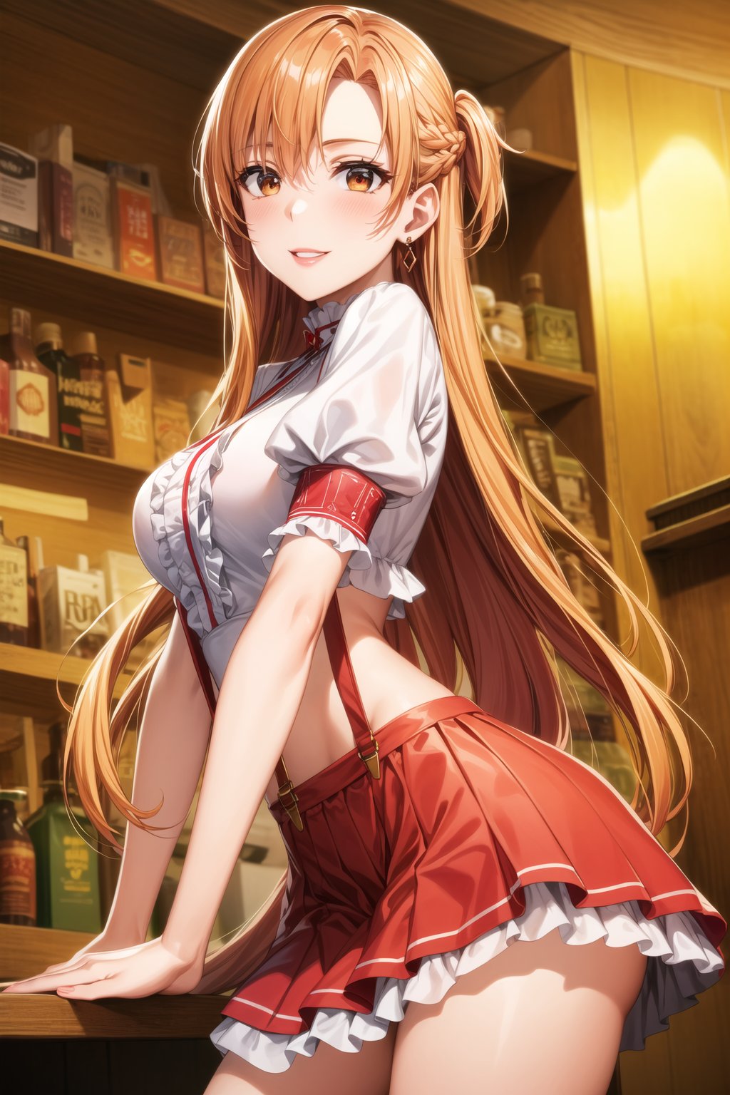 ((best quality)), ((highly detailed)), masterpiece, ((official art)), detailed face, beautiful face, (detailed eyes, deep eyes), seductive posing, (cowboy shot),asuna yuuki, long hair, brown eyes, orange hair, red hair, purple lips:1.2, 1girl, blonde hair, multicolored hair, bangs, one side up, long hair,   hairclip, jewelry, earrings, medium breasts, frills, puffy sleeves, puffy short sleeves, suspenders, frilled skirt, pink skirt, smile, blush, looking at viewer