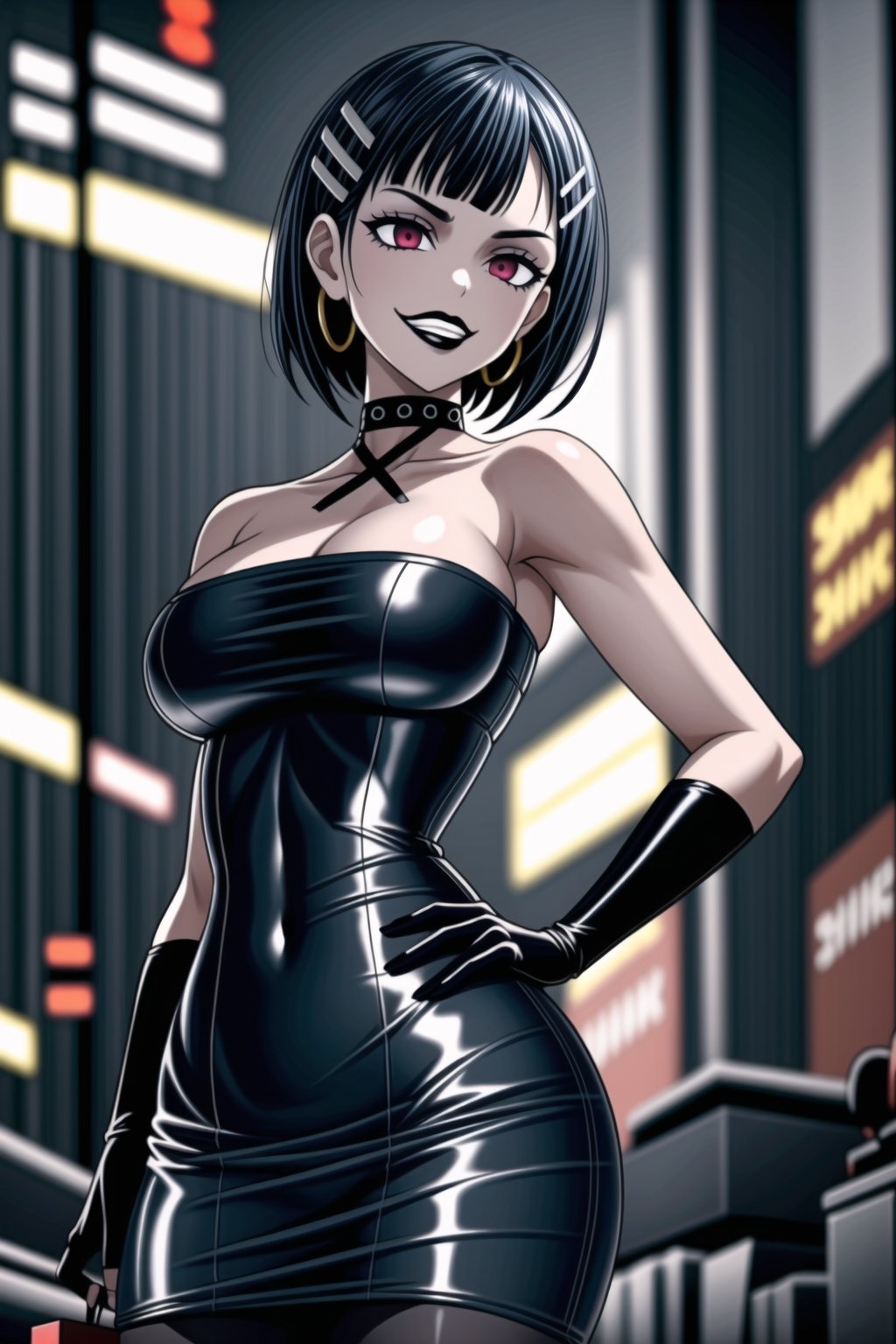 ((best quality)),  ((highly detailed)),  masterpiece,(Black lips:1.4),  ((official art)),  detailed face,  beautiful face, narrow_waist:1.3 , (intricate Black dress:1.4),(detailed eyes,  deep eyes),((extended_arm, presenting_gift, gift_giving, front_view, gesture)),(science fiction, cyberpunk:1.2, street, shopping, dark background),((smirk, grin, naughty face, seductive smile, smug, arm behind head, hand_on_own_hip, head_tilt)),, ,cowboy shot,(lips), ,kirigaya suguha, blunt bangs, short bangs, black hair:1.3, short hair, hair ornament, hairclip,(red eyes),  cross-laced clothes, (spiked bracelet), corset:1.4,chinese dress:1.2, hoop earring, curvaceous, voluptuous body, (makeup:1.3) (lips:1.3), (latex),  (black tube top:1.2), gloves, fingerless gloves, skirt, black choker, belt, pencil skirt, pantyhose, miniskirt, (black skirt), black gloves, black legwear, black choker, Black nails,large breasts, conspicuous elegance, snobby, upper class elitist, possesses an arroaant charm. her Dresence commands attention and enw, (intricately detailed, hyperdetailed), blurry background, depth of field, best quality, masterpiece, intricate details, tonemapping, sharp focus, hyper detailed, trending on Artstation, 1 girl, solo, high res, official art,RockOfSuccubus,<lora:659111690174031528:1.0>