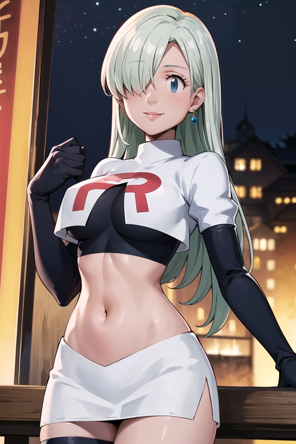 (best quality), (highly detailed), masterpiece, (official art), elizabeth, long hair, blue eyes, white hair, hair over one eye, single earring, posing, lips,( evil smile), Team Rocket, cropped jacket, white jacket, crop top, jacket, gloves, black gloves, elbow gloves, navel, midriff, white skirt, miniskirt, skirt, thighhighs,, looking at viewer, china, asiática, city, night, sky, (intricately detailed, hyperdetailed), blurry background,depth of field, best quality, masterpiece, intricate details, tonemapping, sharp focus, hyper detailed, trending on Artstation,1 girl, high res, official art,1girl