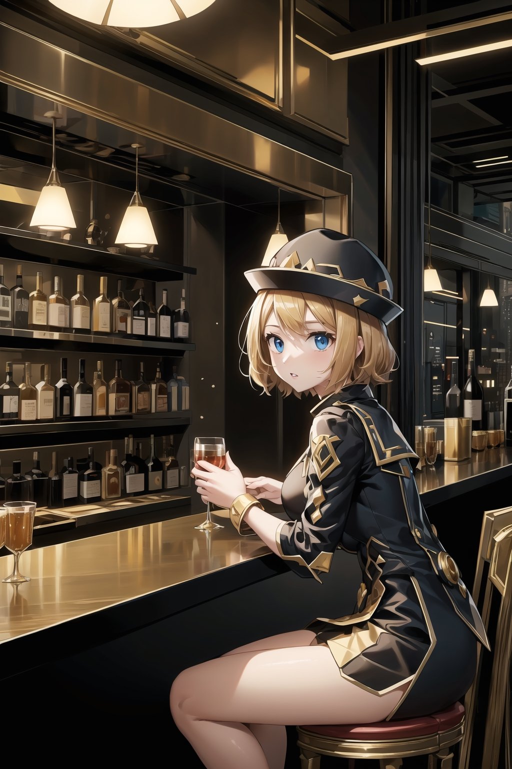 ((best quality)),  ((highly detailed)),  masterpiece,  ((official art)),  serena, 1girl, solo, orange hair, blue eyes, blonde hair, short hair, hat, red headwear,luxtech, gold, luxurious, cyberpunk, indoors, alcohol, bar \(place\), counter, table, stool, chandelier, sitting, from side, parted lips