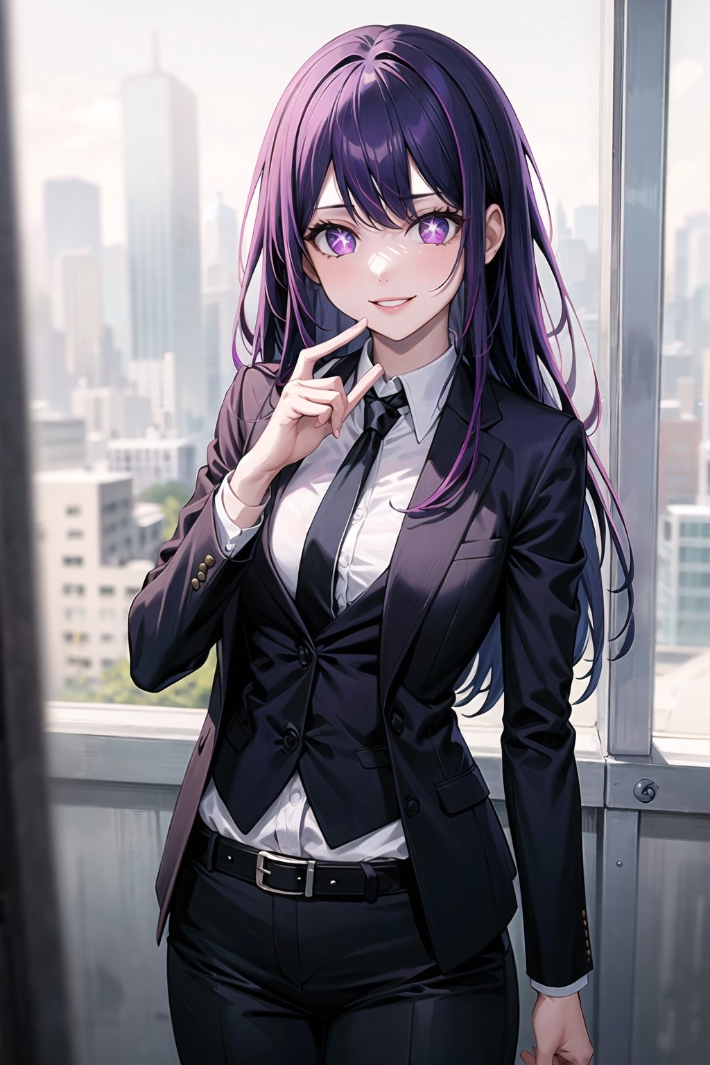 (best quality), (highly detailed), masterpiece, (official art), HOSHINO AI, lips, smile, top jacket:1.3,black pants, belt,,necktie,  black jacket,(black suit), long sleeves, shirt tucked in,looking at viewer, shirt, black necktie, white shirt, medium breasts,window, formal, office lady,pants, business suit, suit,  (intricately detailed, hyperdetailed), blurry background,depth of field, best quality, masterpiece, intricate details, tonemapping, sharp focus, hyper detailed, trending on Artstation,1 girl, solo,high res,official art,HOSHINO AI