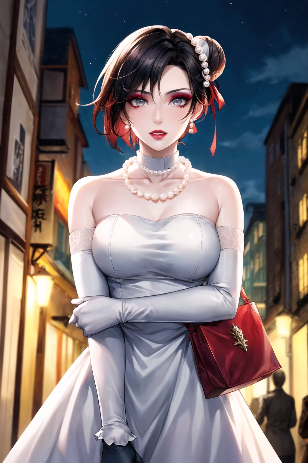 (best quality), (highly detailed), masterpiece, (official art), ,(ruby rose:1.2, hair bun:1.3), (makeup:1.5), (lips:1.3), parted_lips, blue earrings:1.3,jewelery:1.3,((long sleeves,  elbow gloves:1.2,dress, ribbon, ccollarbone, white dress:1.3,  pearl necklace:1.3, holding, holding bag, v arms:1.3)), looking at viewer, china, asiática, city, night, sky,  (intricately detailed, hyperdetailed), blurry background,depth of field, best quality, masterpiece, intricate details, tonemapping, sharp focus, hyper detailed, trending on Artstation,1 girl, high res, official art,StandingAtAttention,bestiality